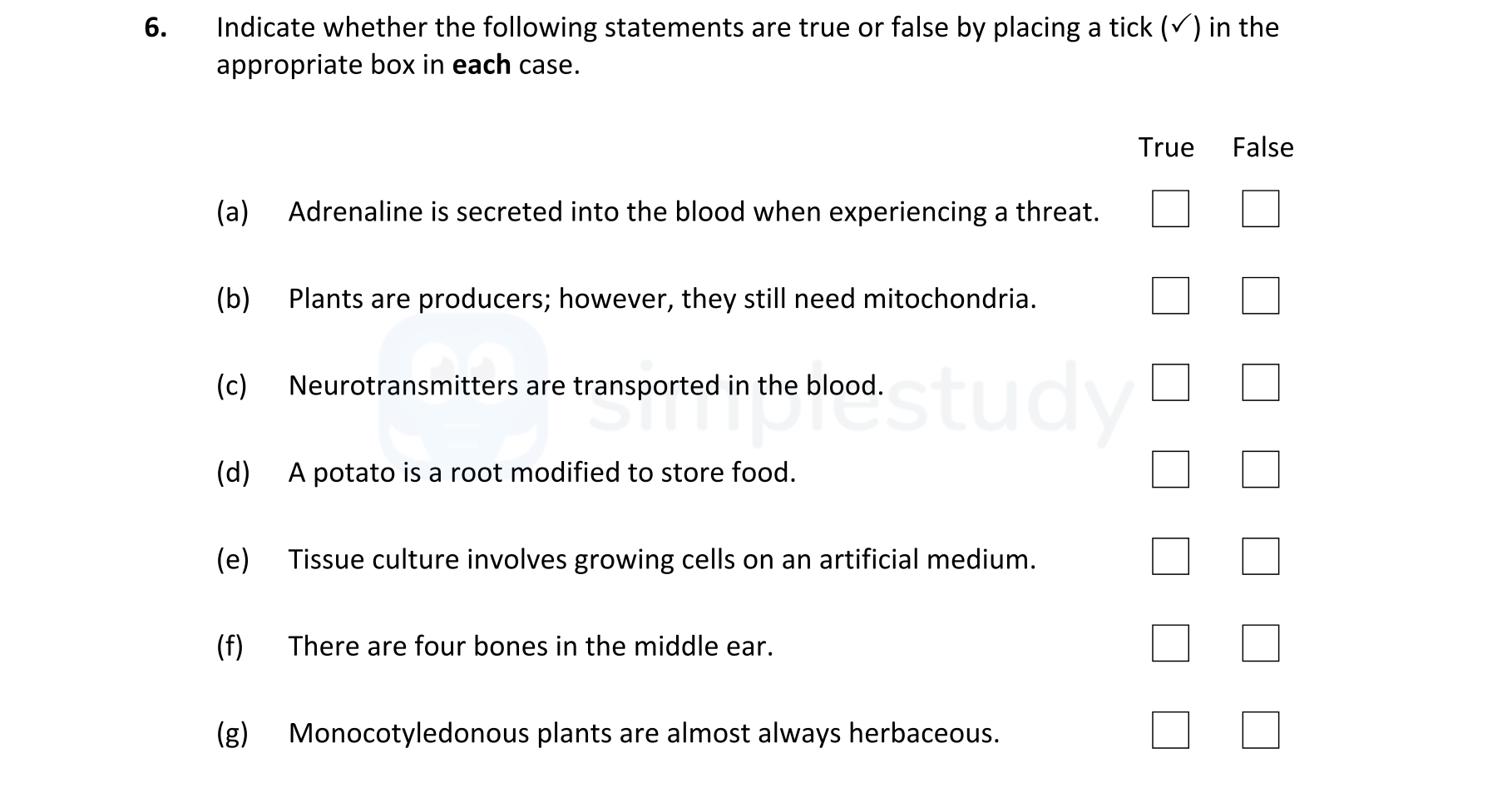 Indicate-whether-the-following-statements-are-true-or-false-by-placing-a-tick-(✓)-in-the-appropriate-box-in-each-case-Leaving Cert Biology-Question 6-2021.png