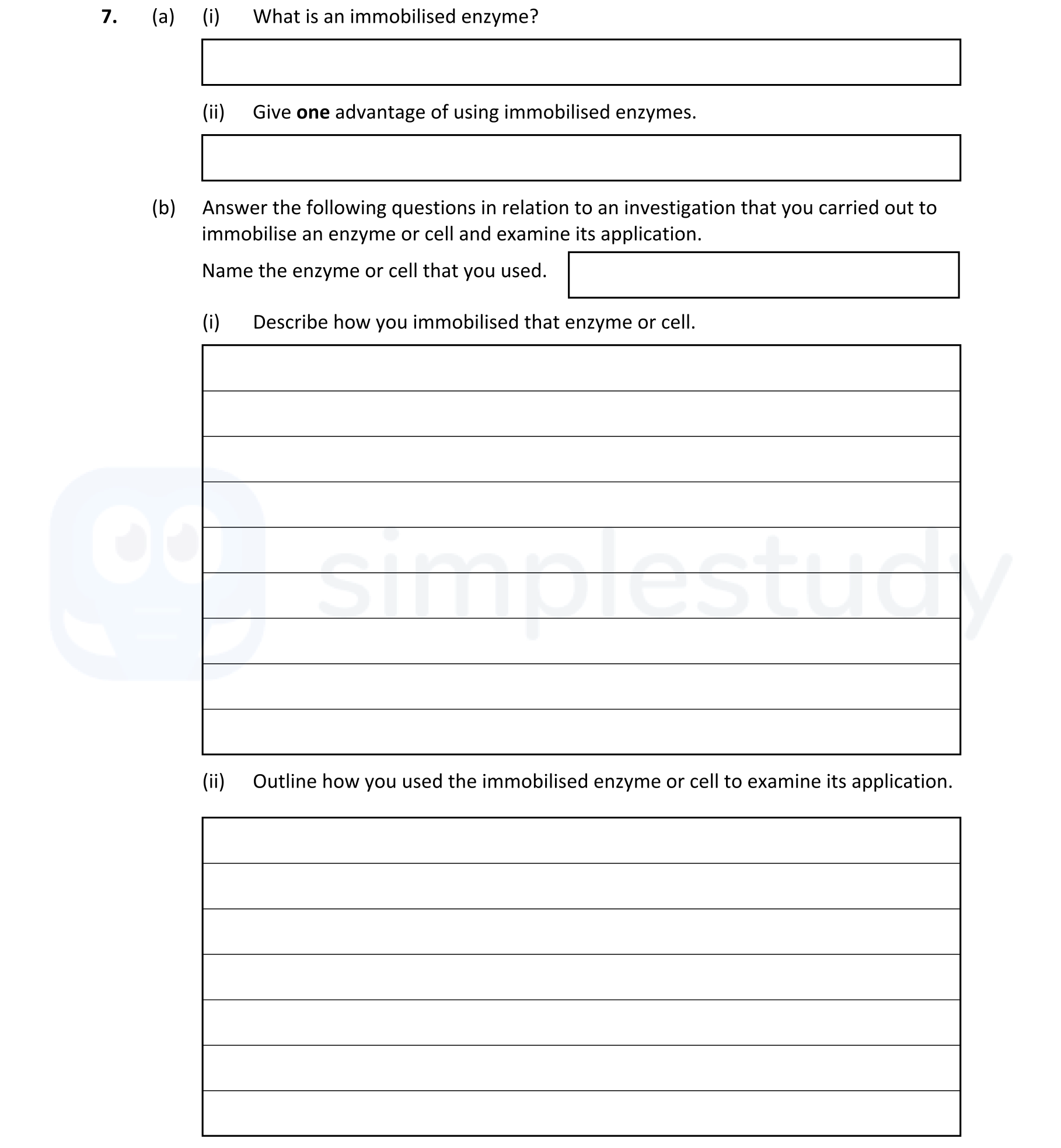 7.-(a)-(i)-What-is-an-immobilised-enzyme?-(ii)-Give-one-advantage-of-using-immobilised-enzymes-Leaving Cert Biology-Question 7-2020.png