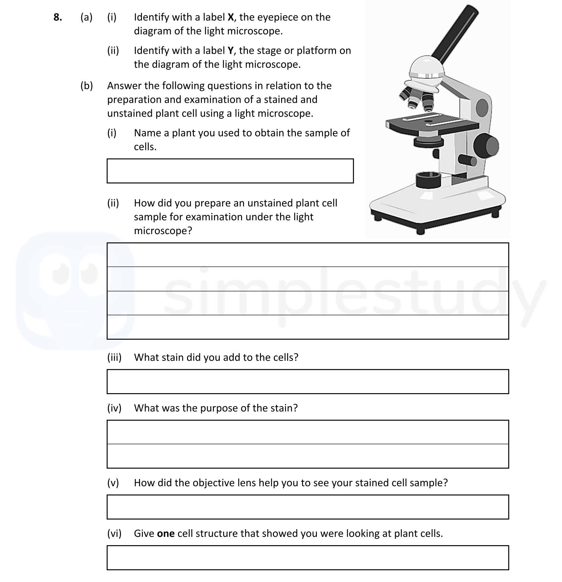 8.-(a)-(i)-Identify-with-a-label-X,-the-eyepiece-on-the-diagram-of-the-light-microscope-Leaving Cert Biology-Question 8-2021.png