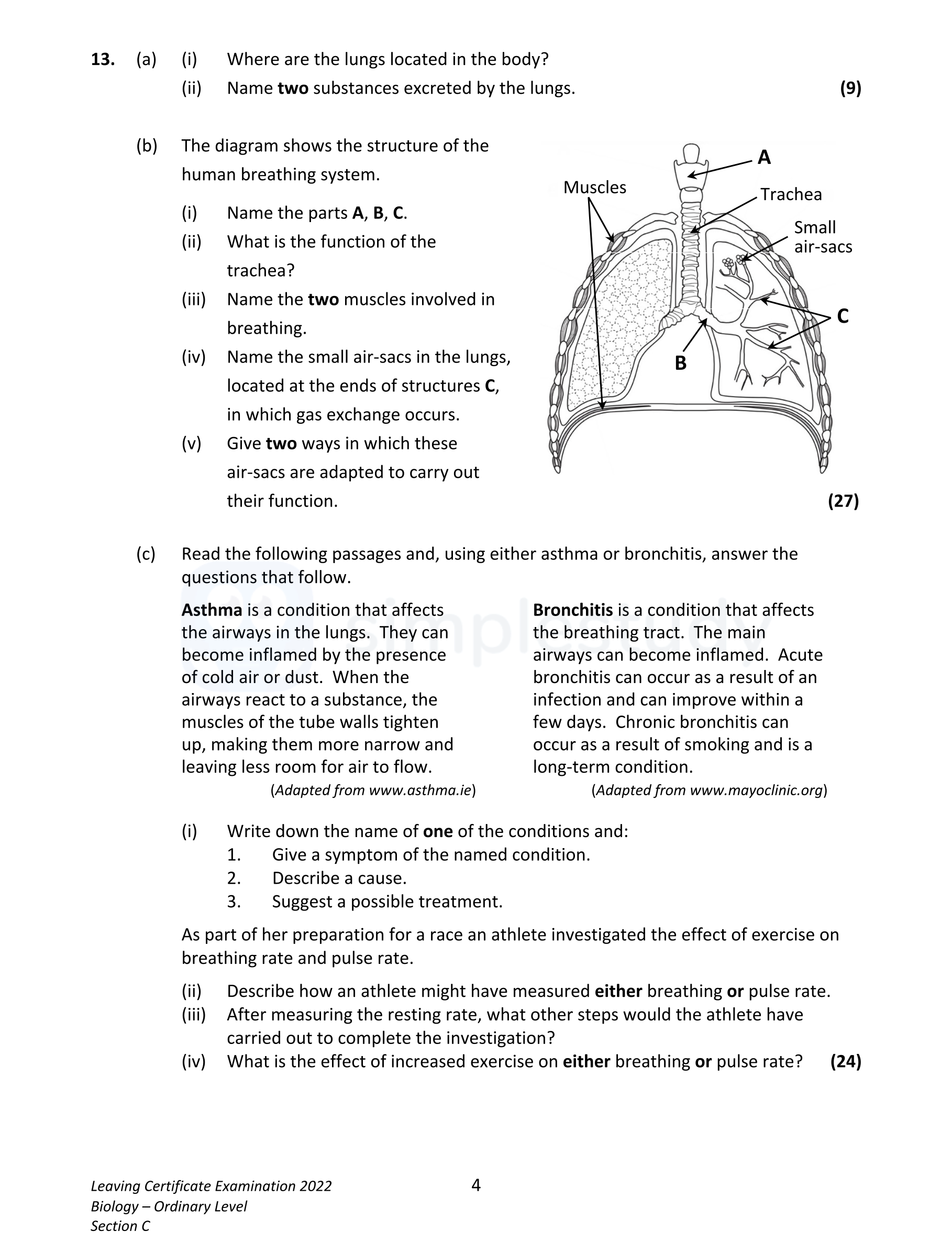 13.-(a)-Where-are-the-lungs-located-in-the-body?----(ii)-Name-two-substances-excreted-by-the-lungs-Leaving Cert Biology-Question 13-2022.png
