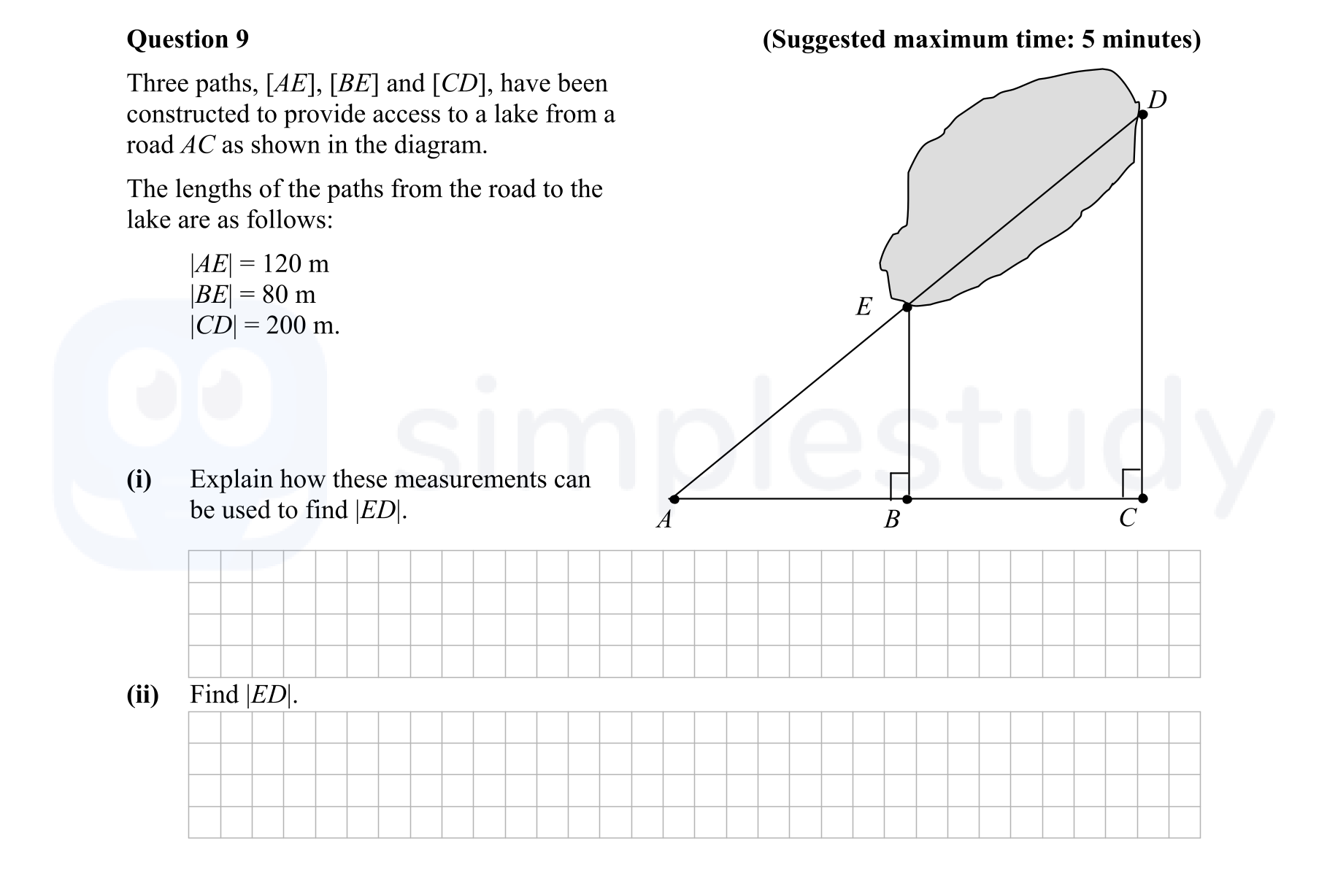 Three-paths,-$[AE]$,-$[BE]$-and-$[CD]$,-have-been-constructed-to-provide-access-to-a-lake-from-a-road-$AC$-as-shown-in-the-diagram-Junior Cycle Mathematics-Question 9-2014.png