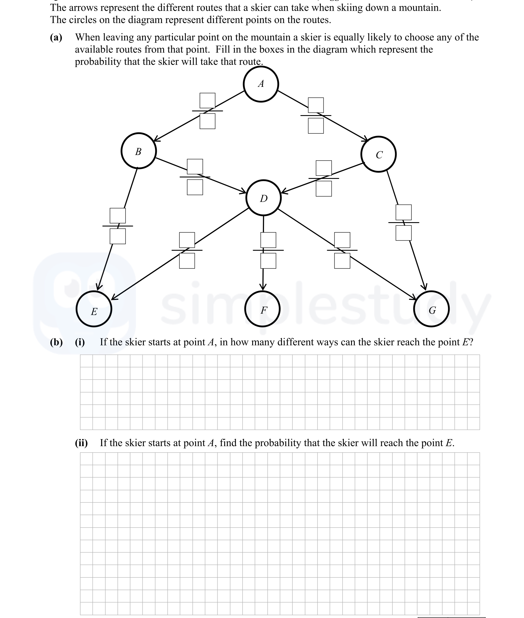 If-the-skier-starts-at-point-A,-in-how-many-different-ways-can-the-skier-reach-the-point-E?--If-the-skier-starts-at-point-A,-find-the-probability-that-the-skier-will-reach-the-point-E.-Junior Cycle Mathematics-Question b-2013.png