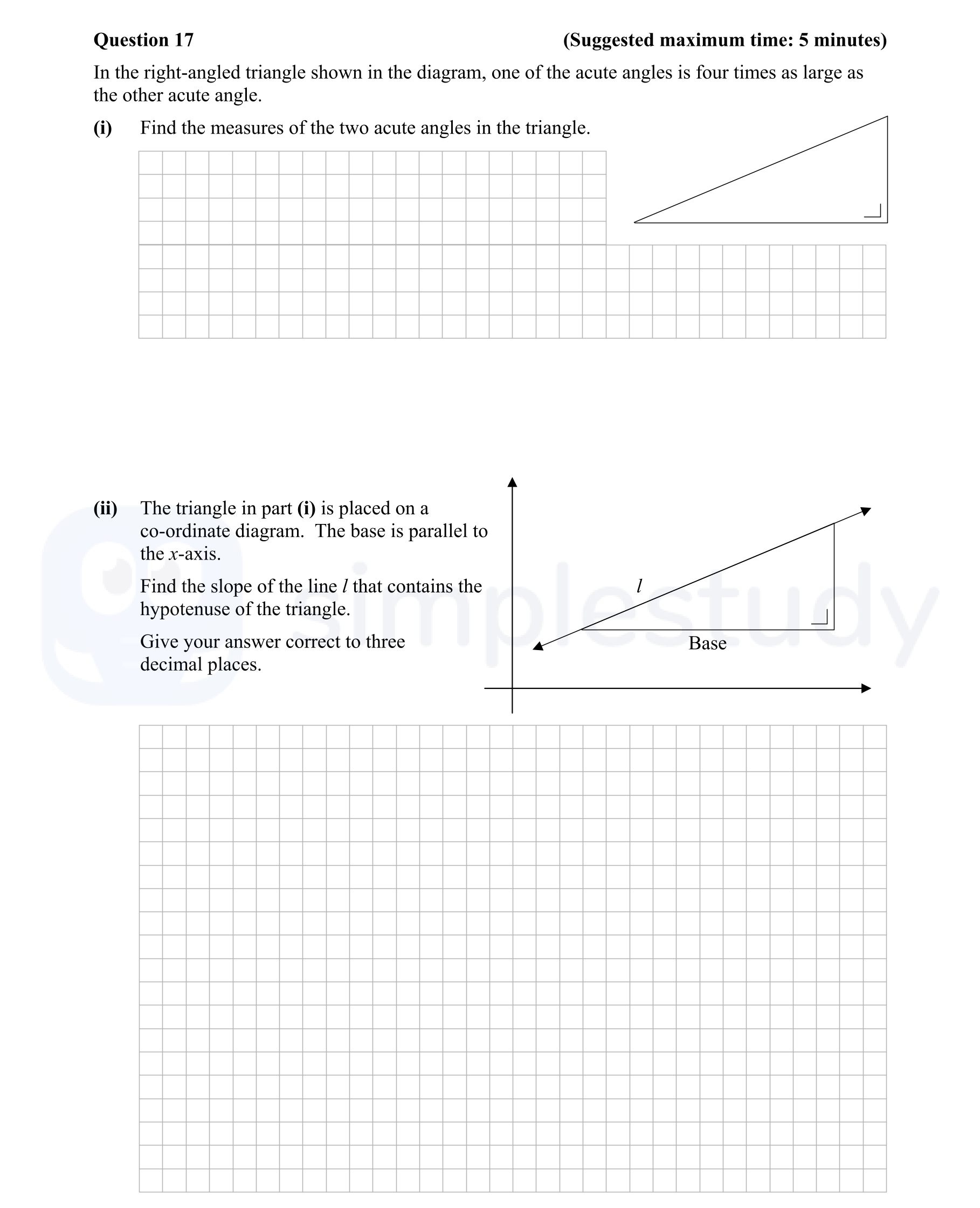 In-the-right-angled-triangle-shown-in-the-diagram,-one-of-the-acute-angles-is-four-times-as-large-as-the-other-acute-angle-Junior Cycle Mathematics-Question 17-2014.png