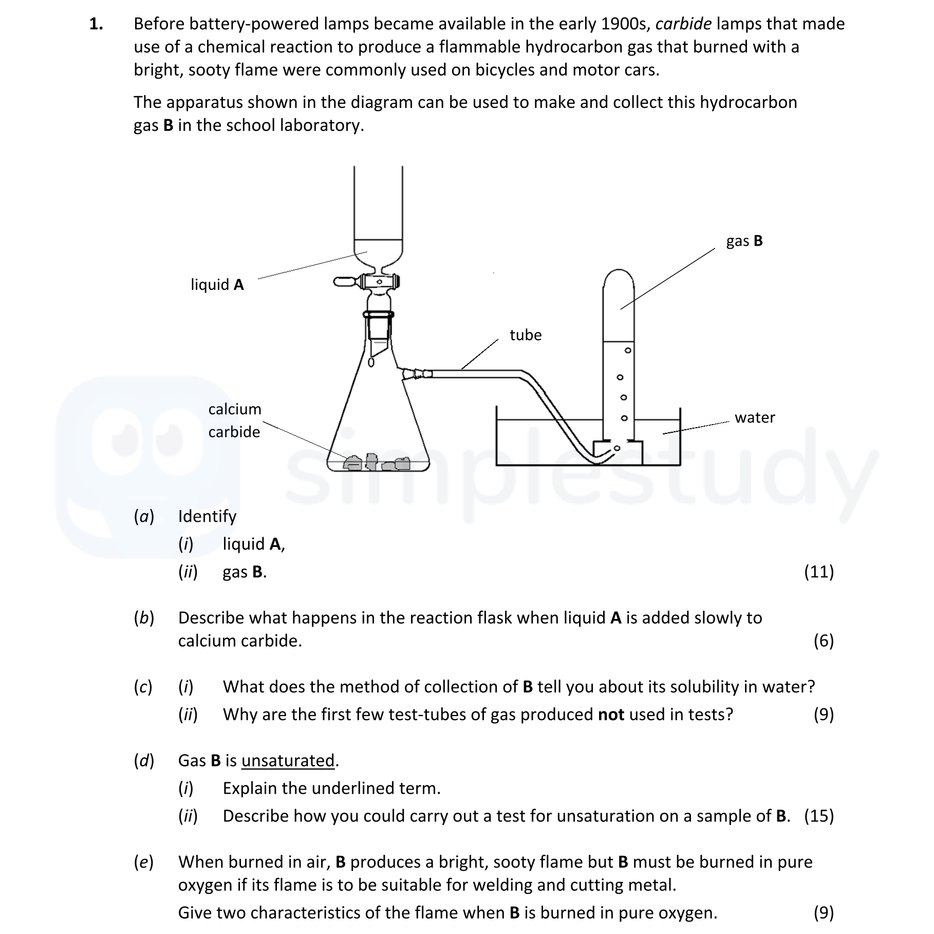 Before-battery-powered-lamps-became-available-in-the-early-1900s,-carbide-lamps-that-made-use-of-a-chemical-reaction-to-produce-a-flammable-hydrocarbon-gas-that-burned-with-a-bright,-sooty-flame-were-commonly-used-on-bicycles-and-motor-cars-Leaving Cert Chemistry-Question 1-2021.png