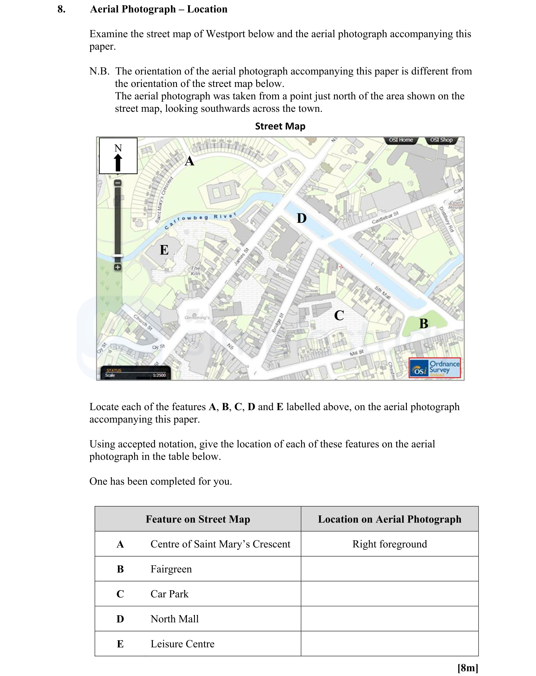 Aerial-Photograph-–-Location--Examine-the-street-map-of-Westport-below-and-the-aerial-photograph-accompanying-this-paper-Leaving Cert Geography-Question 8-2016.png