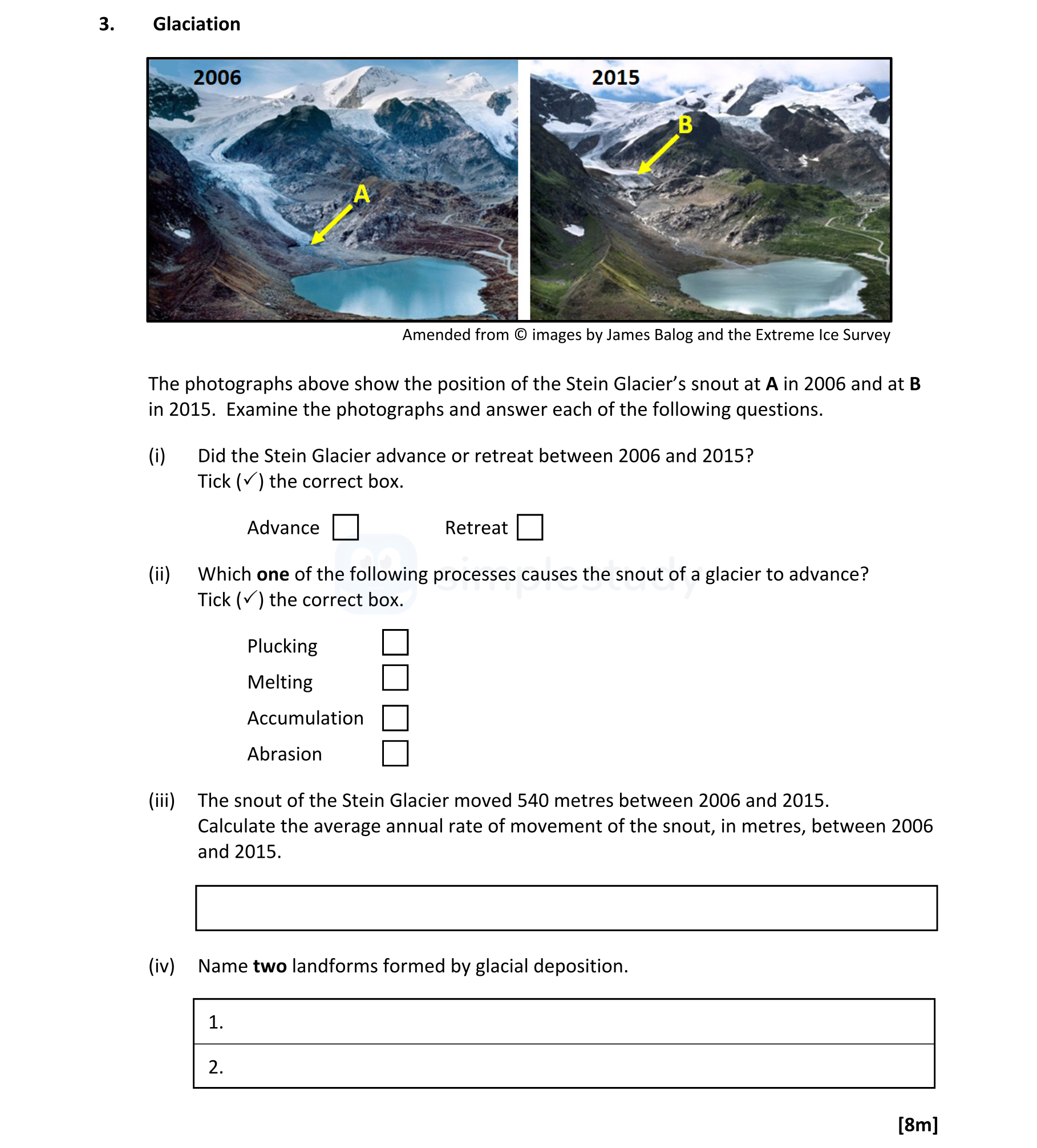 The-photographs-above-show-the-position-of-the-Stein-Glacier’s-snout-at-A-in-2006-and-at-B-in-2015-Leaving Cert Geography-Question 3-2022.png