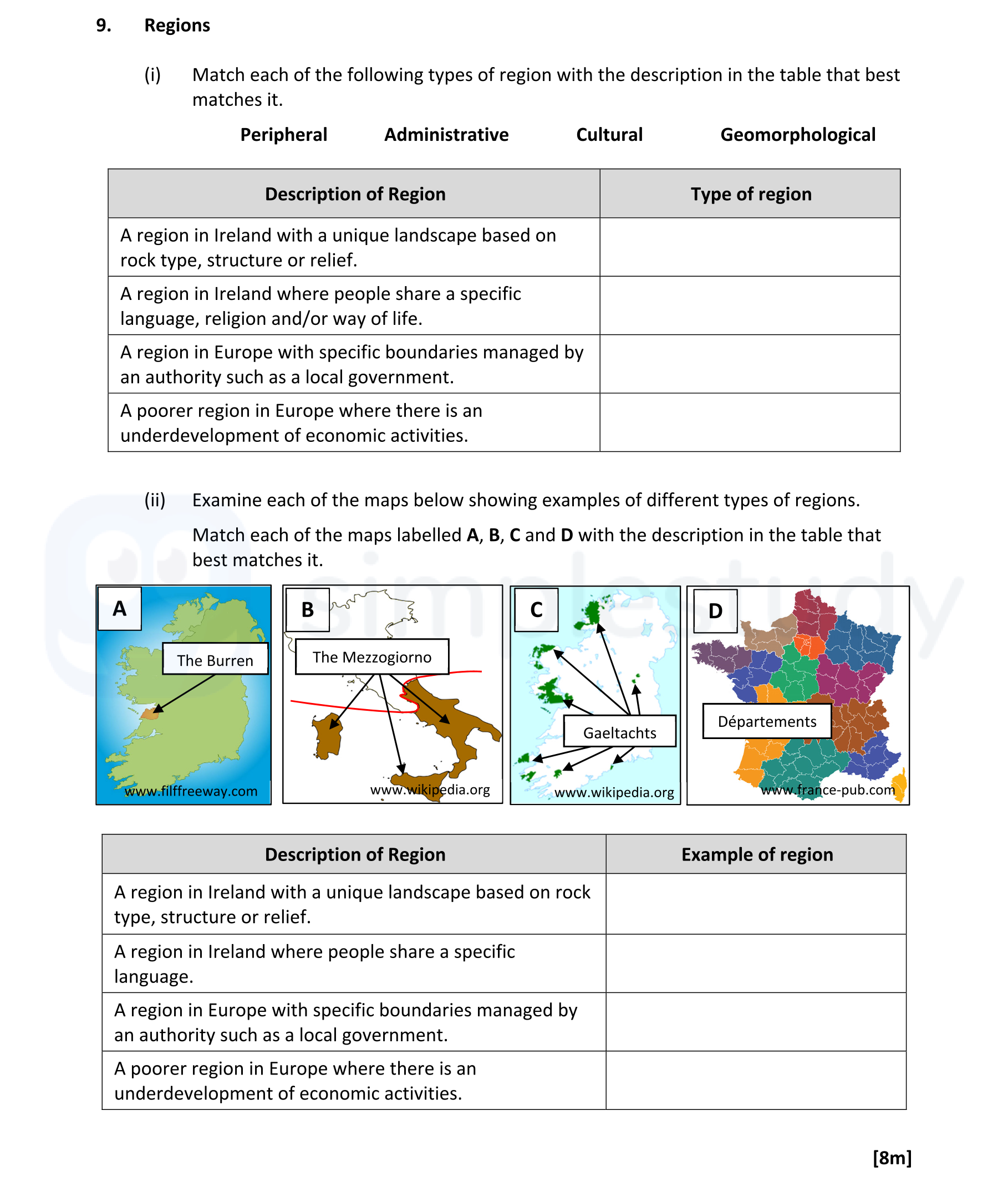 Regions--(i)-Match-each-of-the-following-types-of-region-with-the-description-in-the-table-that-best-matches-it-Leaving Cert Geography-Question 9-2022.png
