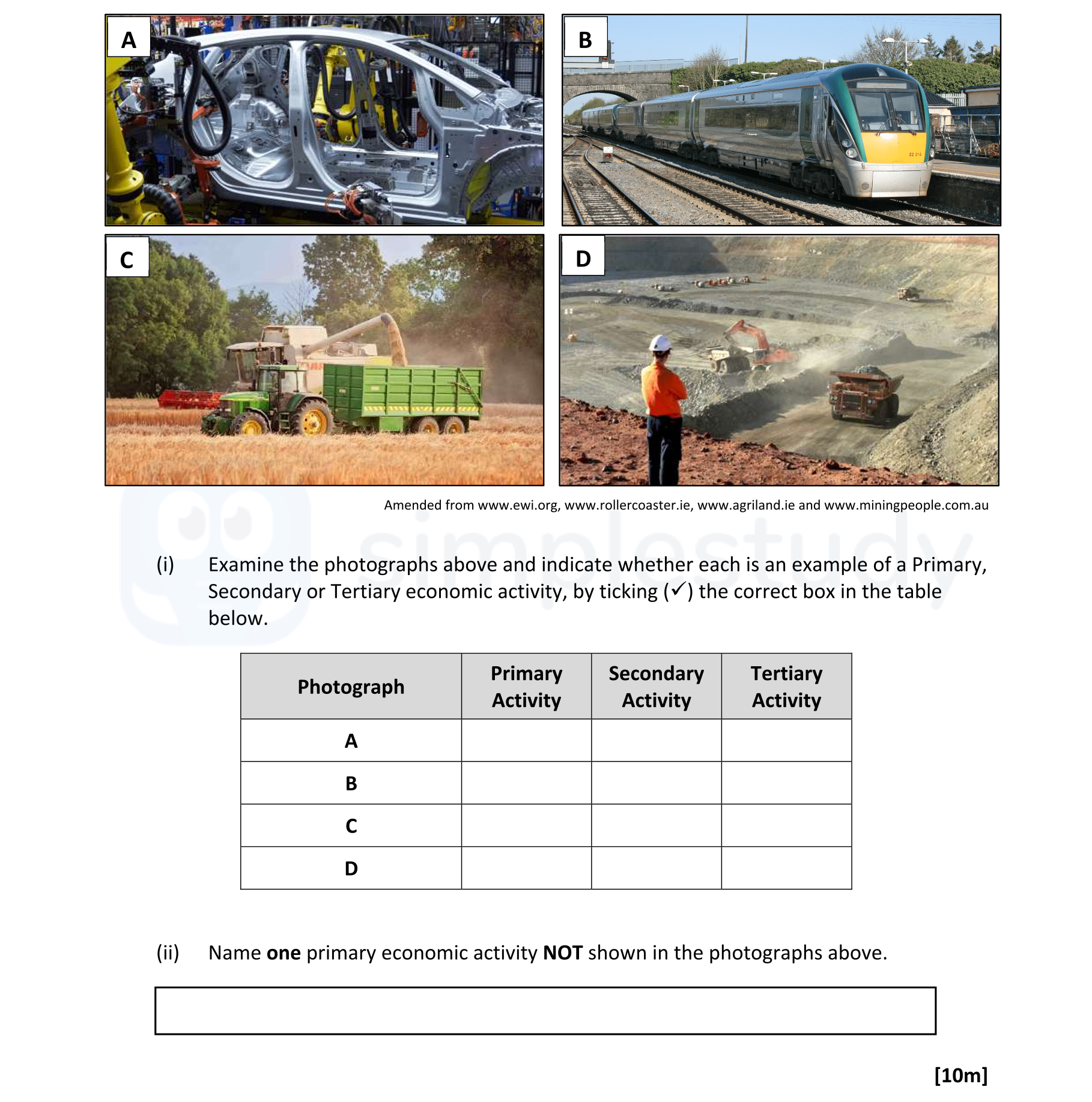 Examine-the-photographs-above-and-indicate-whether-each-is-an-example-of-a-Primary,-Secondary-or-Tertiary-economic-activity,-by-ticking-(✓)-the-correct-box-in-the-table-below-Leaving Cert Geography-Question 9-2020.png