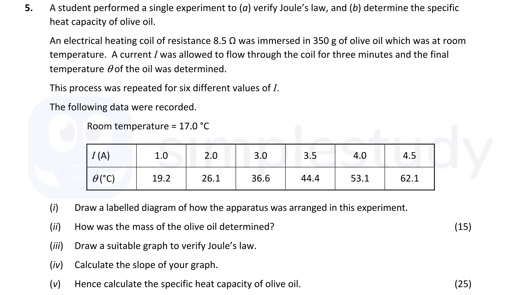 A-student-performed-a-single-experiment-to-(a)-verify-Joule's-law,-and-(b)-determine-the-specific-heat-capacity-of-olive-oil-Leaving Cert Physics-Question 5-2022.png