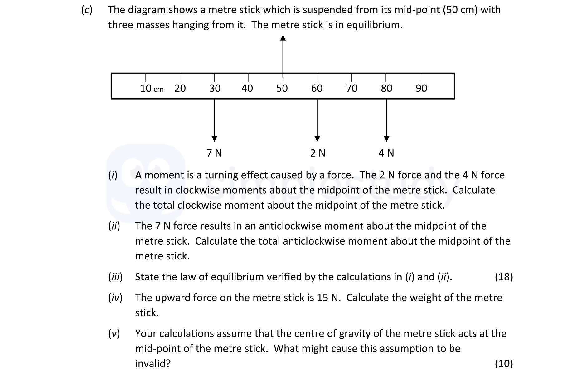 The-diagram-shows-a-metre-stick-which-is-suspended-from-its-mid-point-(50-cm)-with-three-masses-hanging-from-it-Leaving Cert Physics-Question c-2022.png