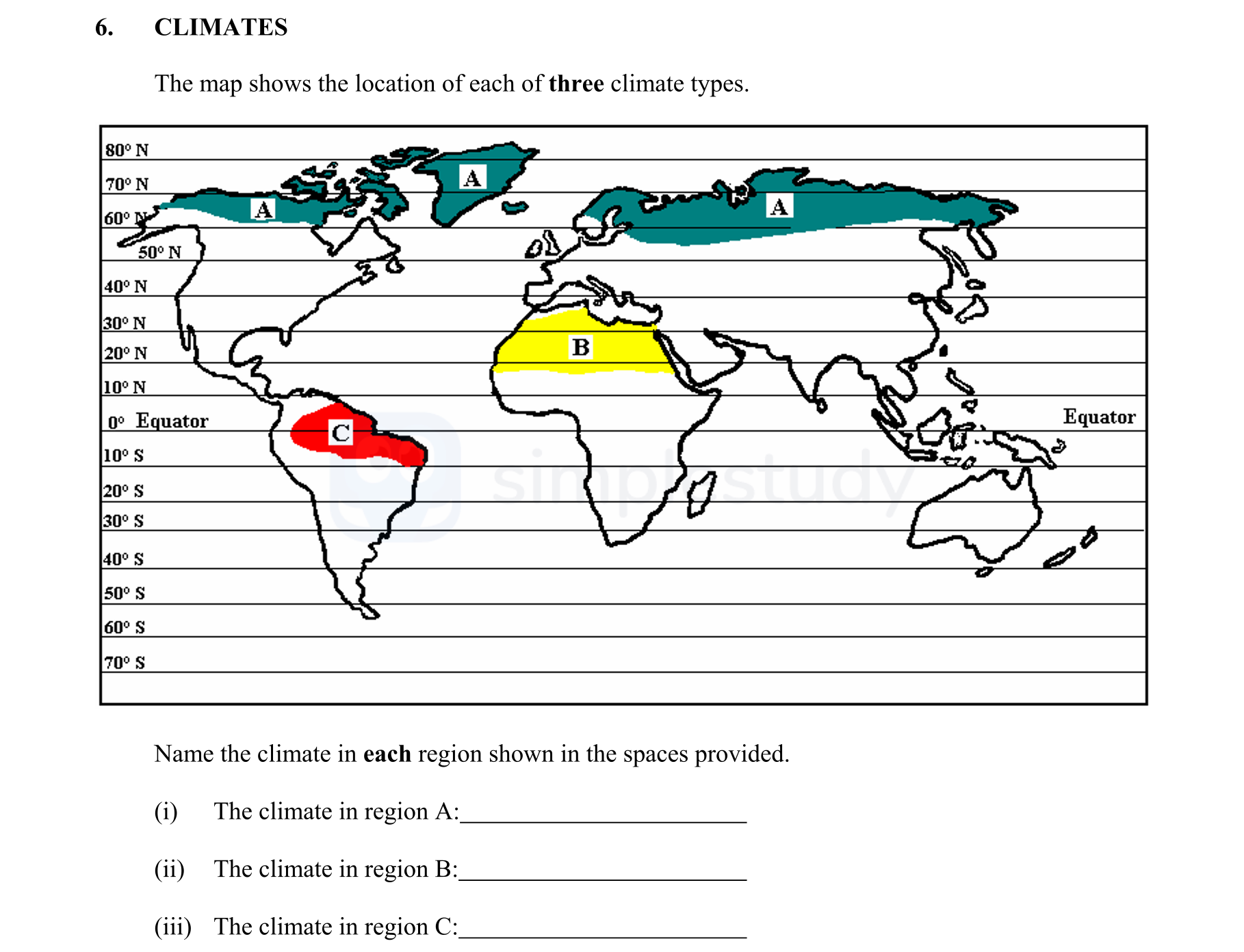 The-map-shows-the-location-of-each-of-three-climate-types-Junior Cycle Geography-Question 6-2009.png
