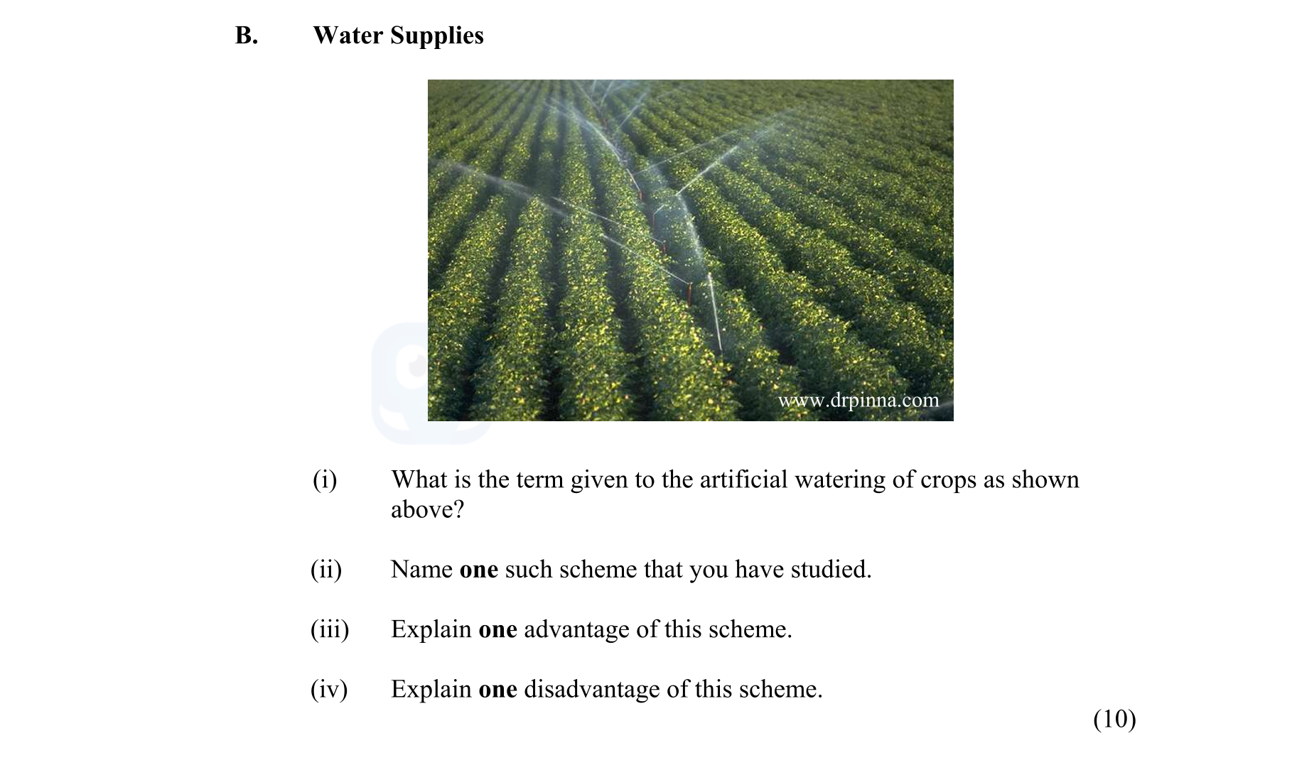 Water-Supplies--(i)-What-is-the-term-given-to-the-artificial-watering-of-crops-as-shown-above?--(ii)-Name-one-such-scheme-that-you-have-studied-Junior Cycle Geography-Question B-2012.png
