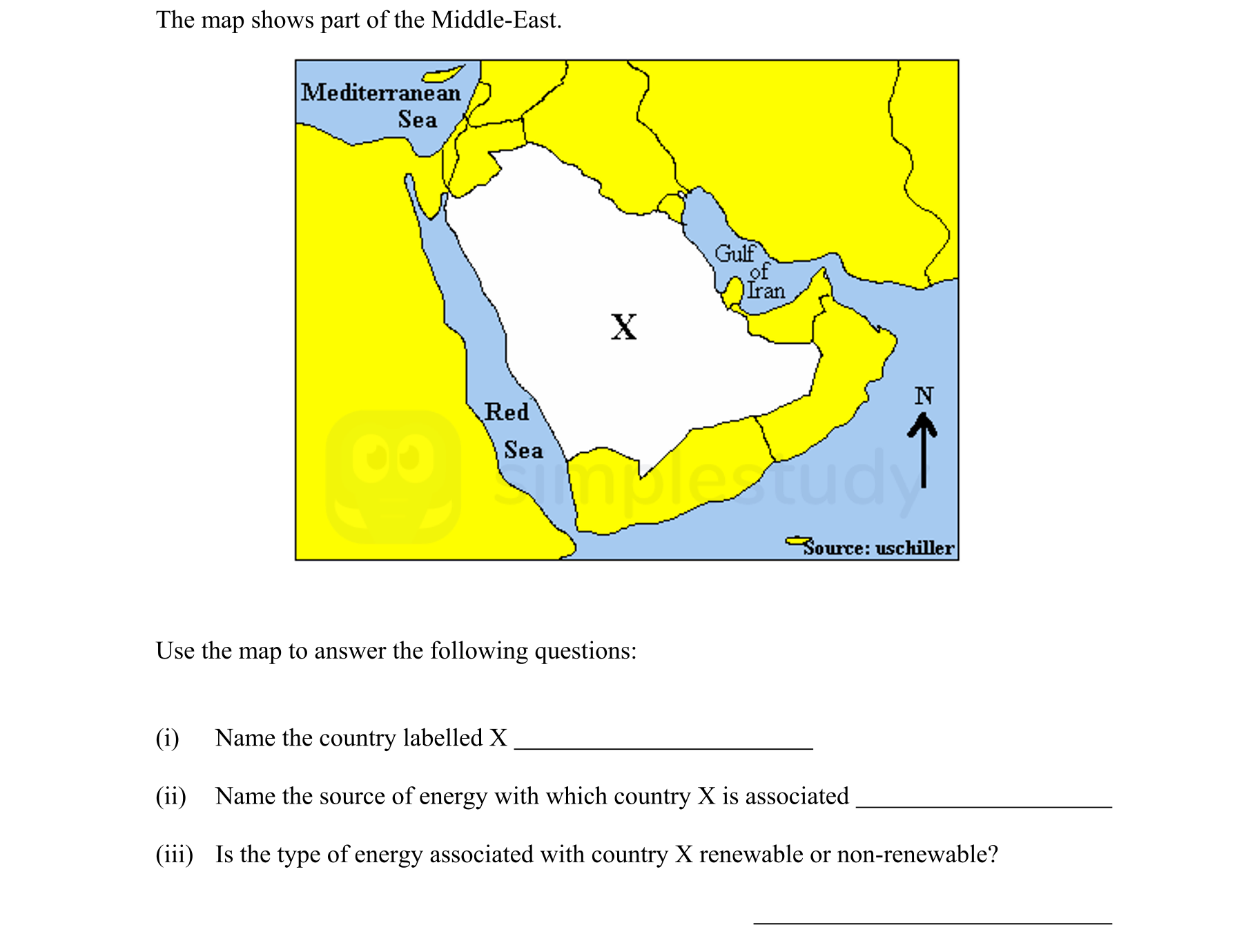 The-map-shows-part-of-the-Middle-East-Junior Cycle Geography-Question Question 1-2008.png