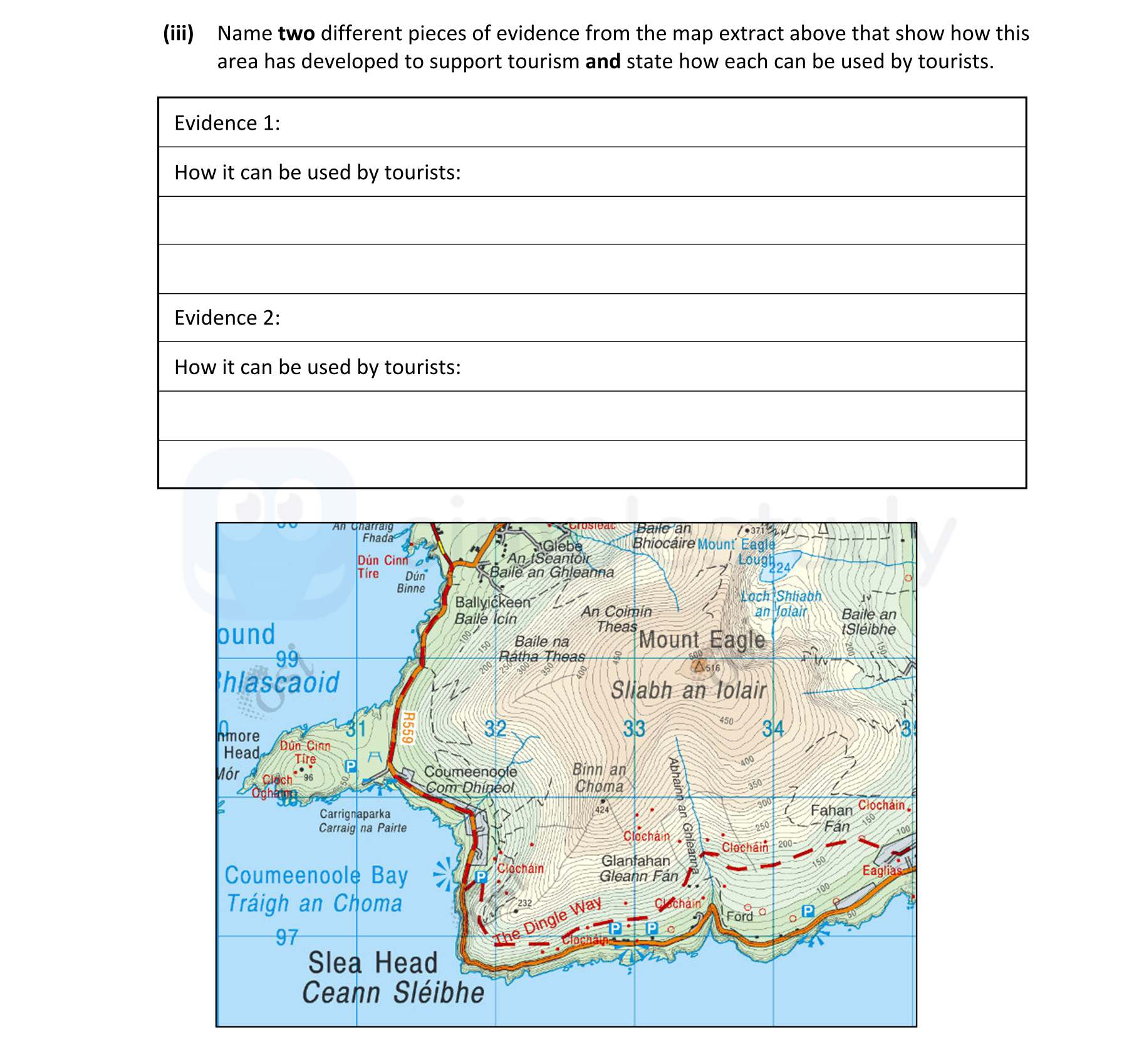 Name-two-different-pieces-of-evidence-from-the-map-extract-above-that-show-how-this-area-has-developed-to-support-tourism-and-state-how-each-can-be-used-by-tourists:--Evidence-1:-How-it-can-be-used-by-tourists:--Evidence-2:-How-it-can-be-used-by-tourists:-Junior Cycle Geography-Question iii-2021.png