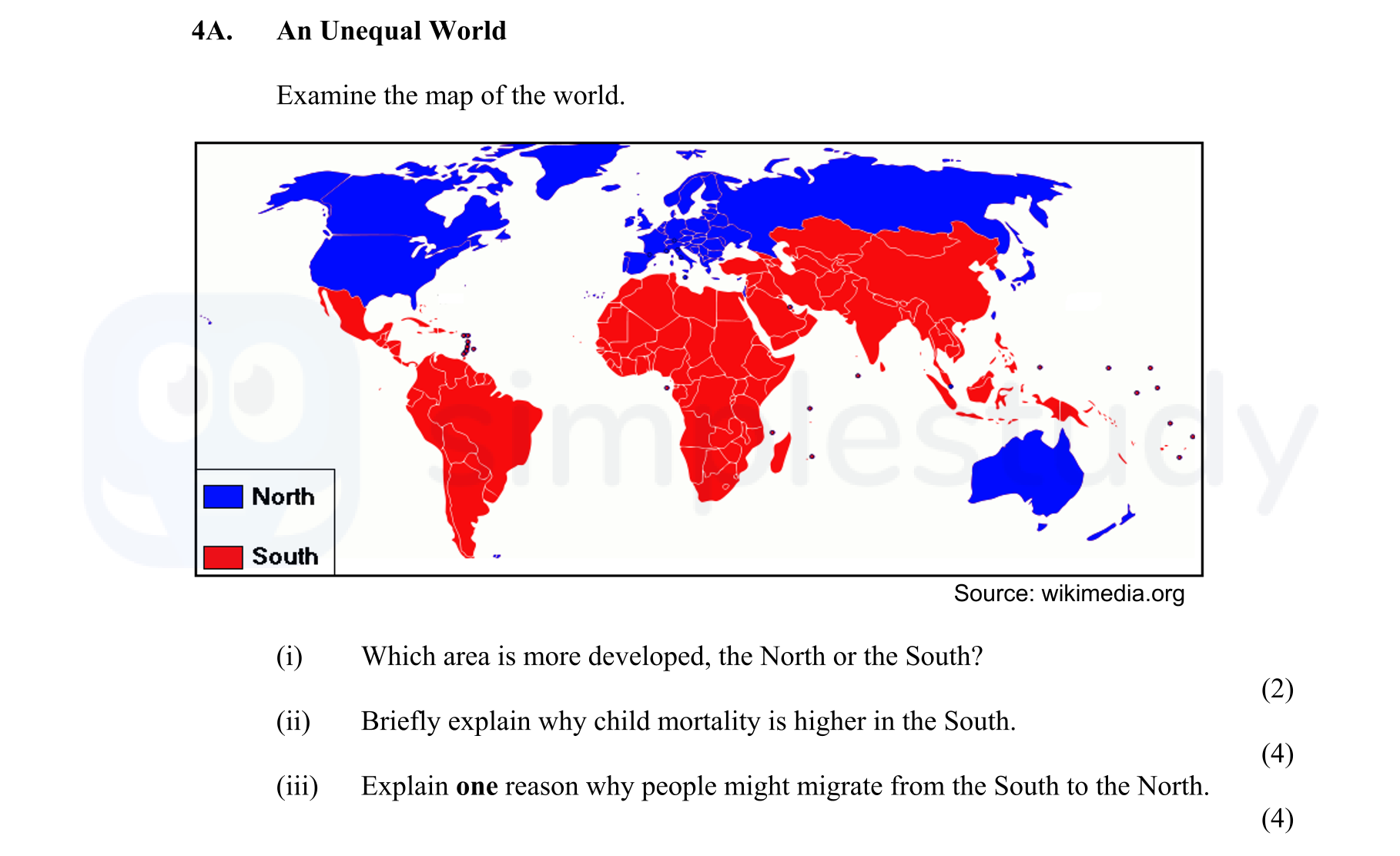 Examine-the-map-of-the-world-Junior Cycle Geography-Question 4A-2010.png