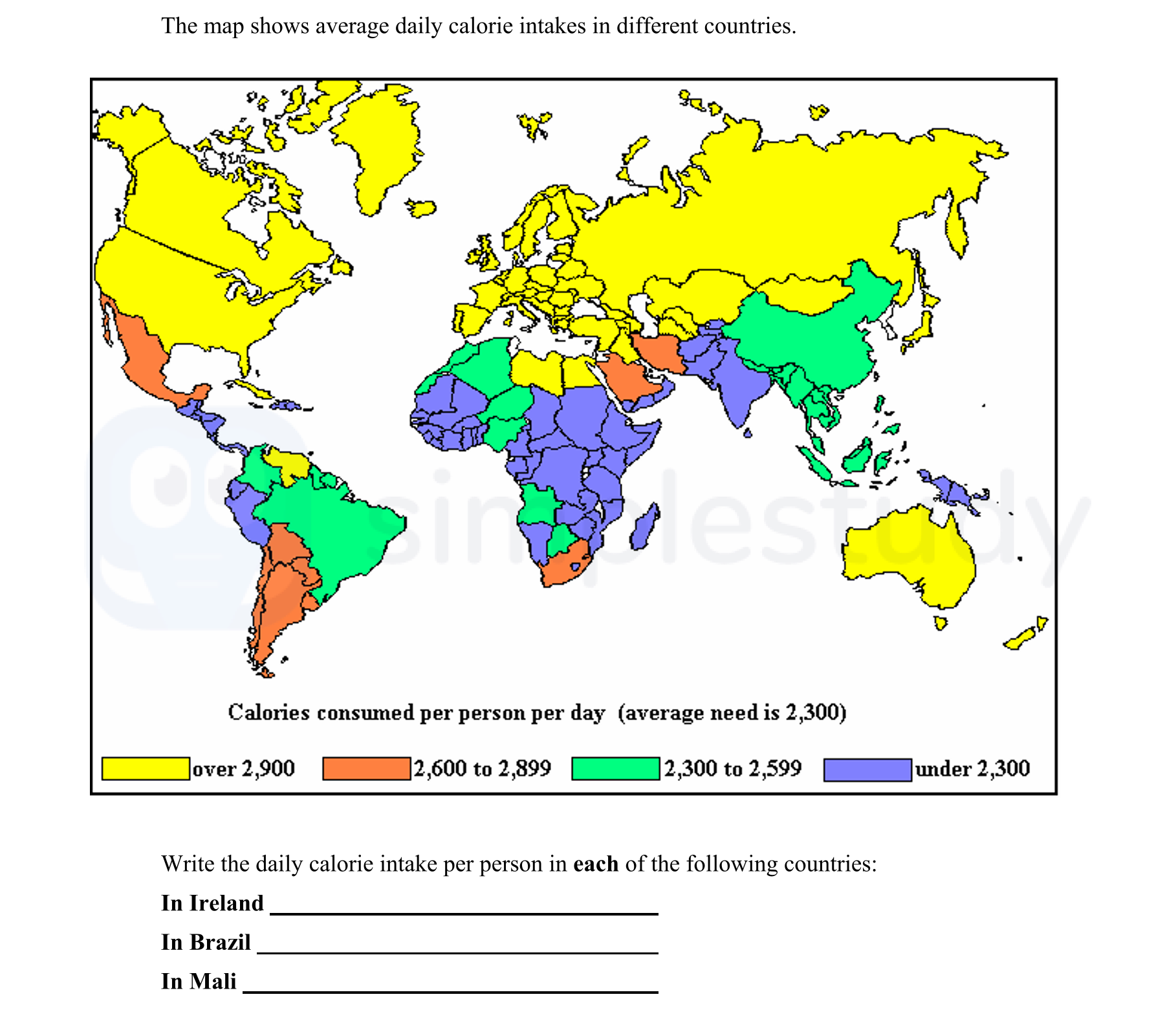 The-map-shows-average-daily-calorie-intakes-in-different-countries-Junior Cycle Geography-Question 17-2006.png