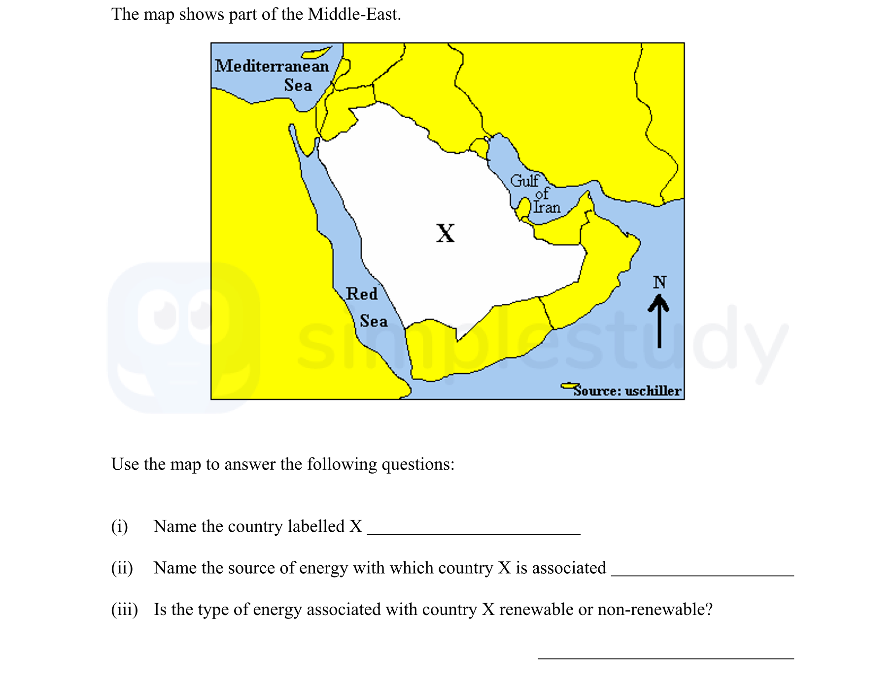 The-map-shows-part-of-the-Middle-East-Junior Cycle Geography-Question Question 1-2008.png