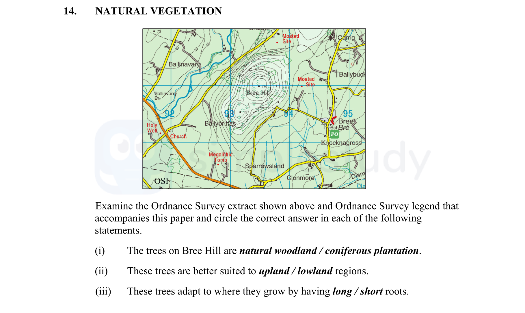 Examine-the-Ordnance-Survey-extract-shown-above-and-Ordnance-Survey-legend-that-accompanies-this-paper-and-circle-the-correct-answer-in-each-of-the-following-statements-Junior Cycle Geography-Question 14-2013.png