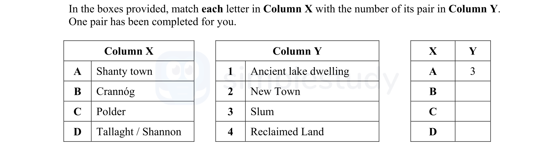 In-the-boxes-provided,-match-each-letter-in-Column-X-with-the-number-of-its-pair-in-Column-Y-Junior Cycle Geography-Question Question 1-2005.png