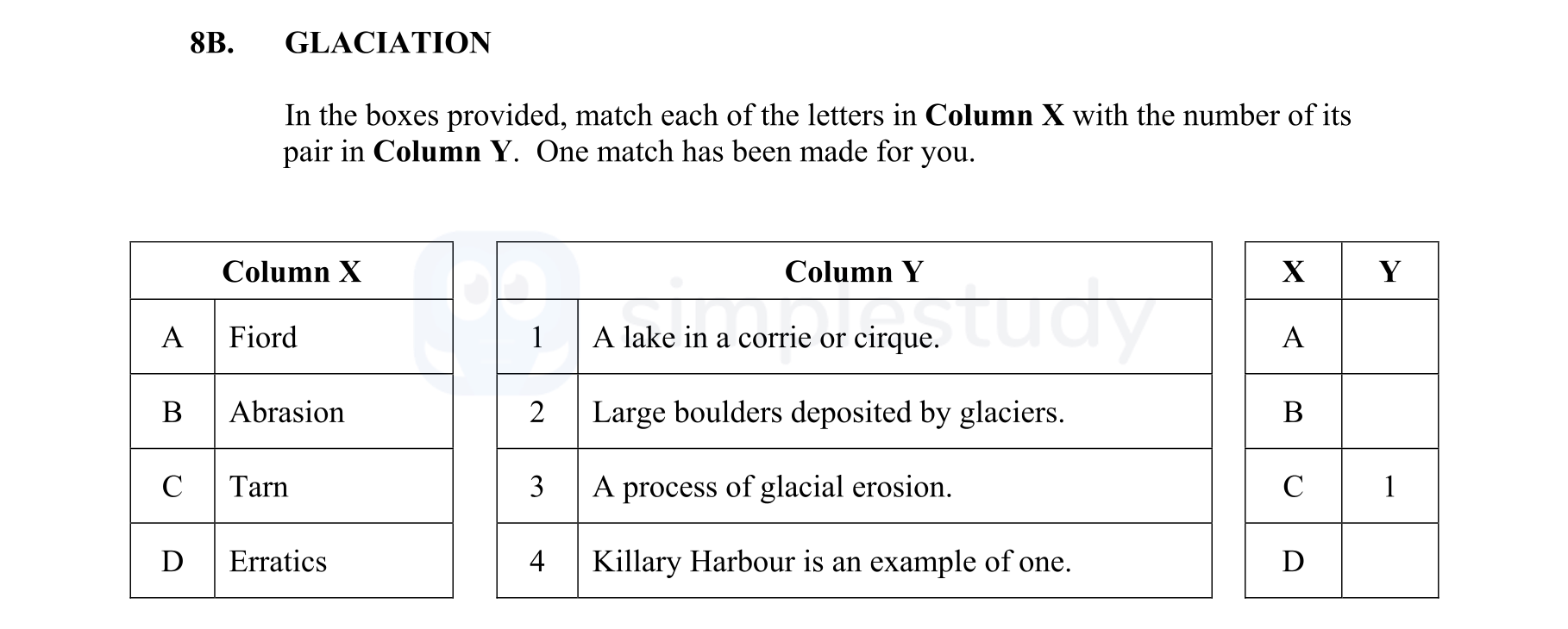 GLACIATION--In-the-boxes-provided,-match-each-of-the-letters-in-Column-X-with-the-number-of-its-pair-in-Column-Y-Junior Cycle Geography-Question 8B-2013.png