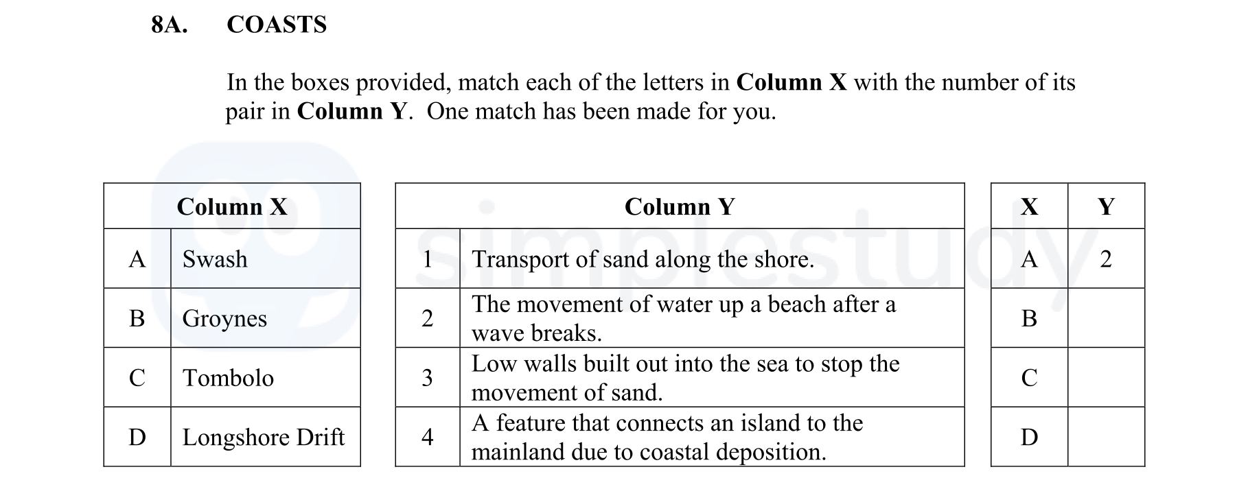 In-the-boxes-provided,-match-each-of-the-letters-in-Column-X-with-the-number-of-its-pair-in-Column-Y-Junior Cycle Geography-Question 8A-2013.png
