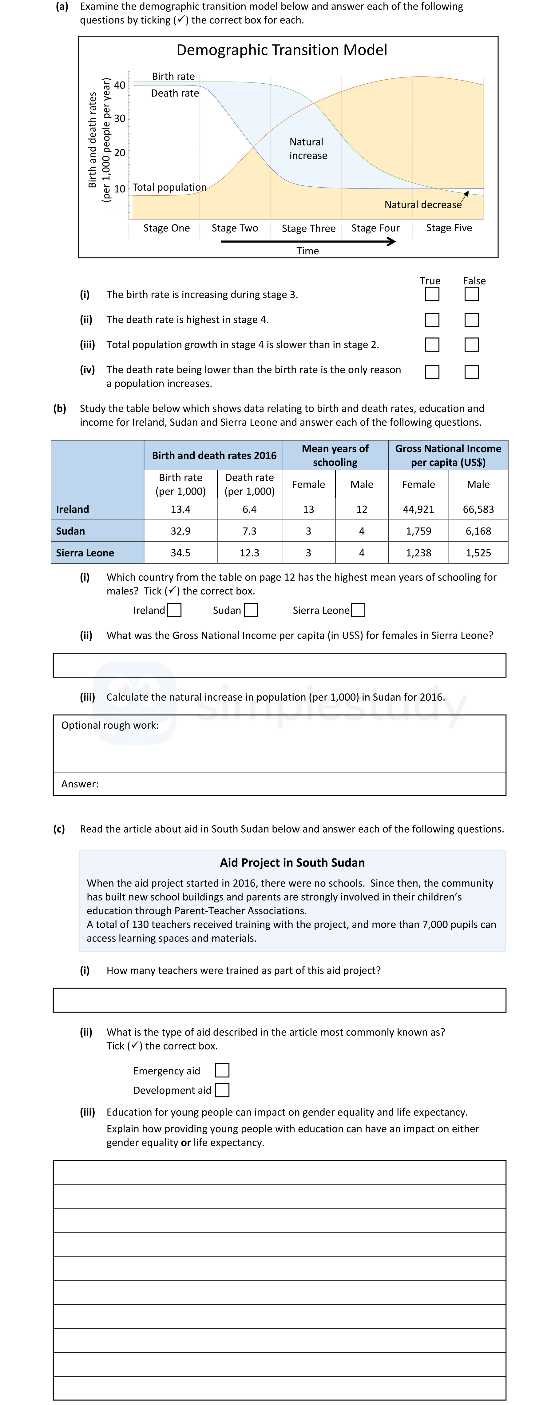 Examine-the-demographic-transition-model-below-and-answer-each-of-the-following-questions-by-ticking-(✔)-the-correct-box-for-each-Junior Cycle Geography-Question 4-2022.png