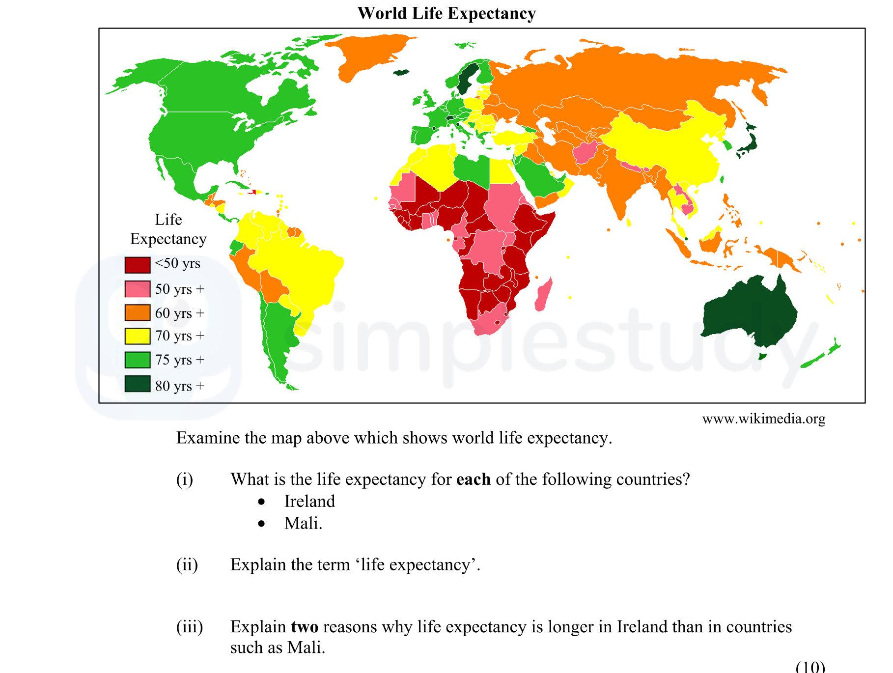 Examine-the-map-above-which-shows-world-life-expectancy-Junior Cycle Geography-Question ii-2011.png