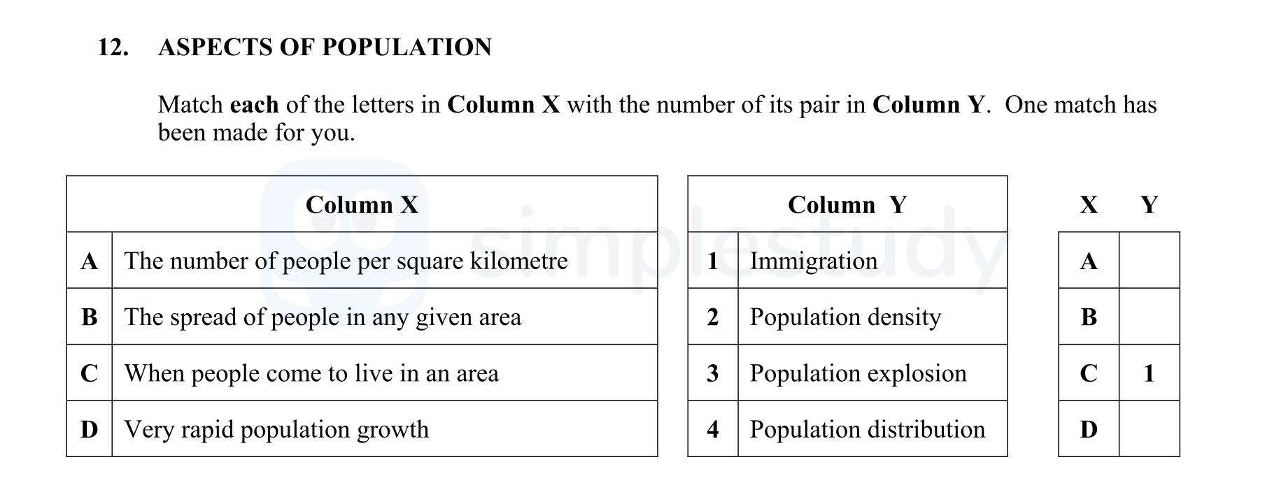 ASPECTS-OF-POPULATION--Match-each-of-the-letters-in-Column-X-with-the-number-of-its-pair-in-Column-Y-Junior Cycle Geography-Question 12-2009.png