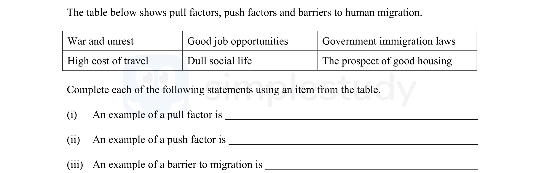 The-table-below-shows-pull-factors,-push-factors-and-barriers-to-human-migration-Junior Cycle Geography-Question 7-2008.png