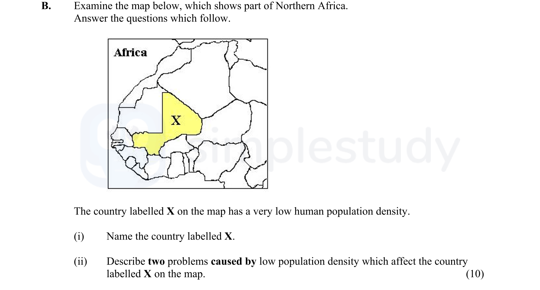Examine-the-map-below,-which-shows-part-of-Northern-Africa-Junior Cycle Geography-Question B-2005.png