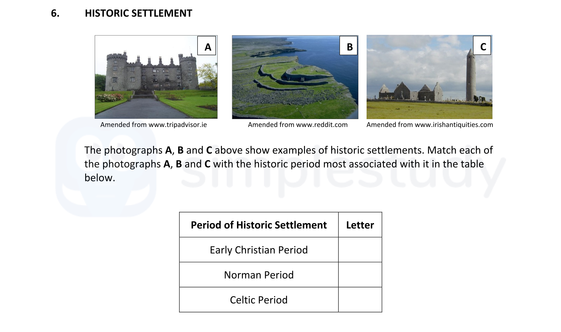 The-photographs-A,-B-and-C-above-show-examples-of-historic-settlements-Junior Cycle Geography-Question 6-2019.png