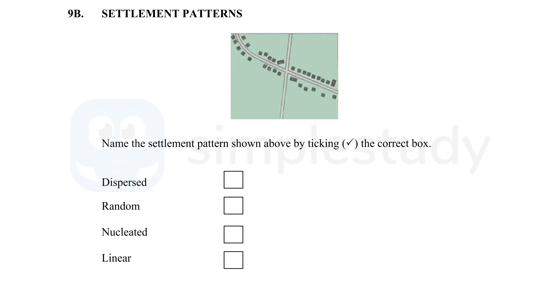 Name-the-settlement-pattern-shown-above-by-ticking-(✓)-the-correct-box-Junior Cycle Geography-Question 9B-2013.png