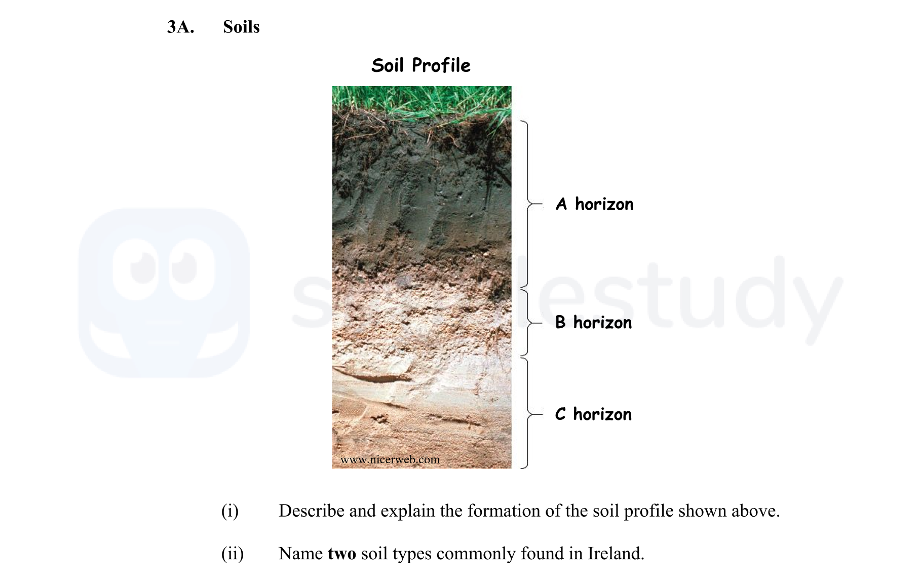 Soil-Profile--A-horizon--B-horizon--C-horizon--(i)-Describe-and-explain-the-formation-of-the-soil-profile-shown-above-Junior Cycle Geography-Question 3A-2013.png