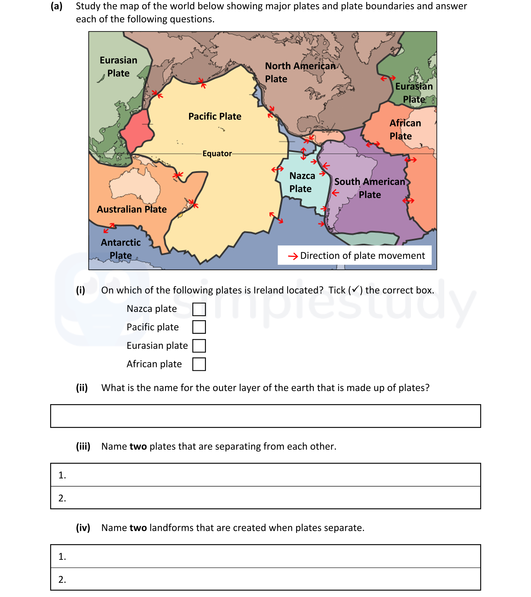 Study-the-map-of-the-world-below-showing-major-plates-and-plate-boundaries-and-answer-each-of-the-following-questions-Junior Cycle Geography-Question 8-2022.png