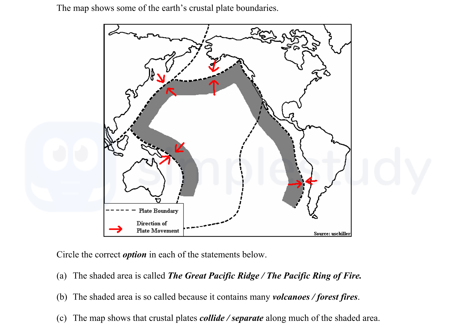 The-map-shows-some-of-the-earth’s-crustal-plate-boundaries-Junior Cycle Geography-Question 1-2008.png