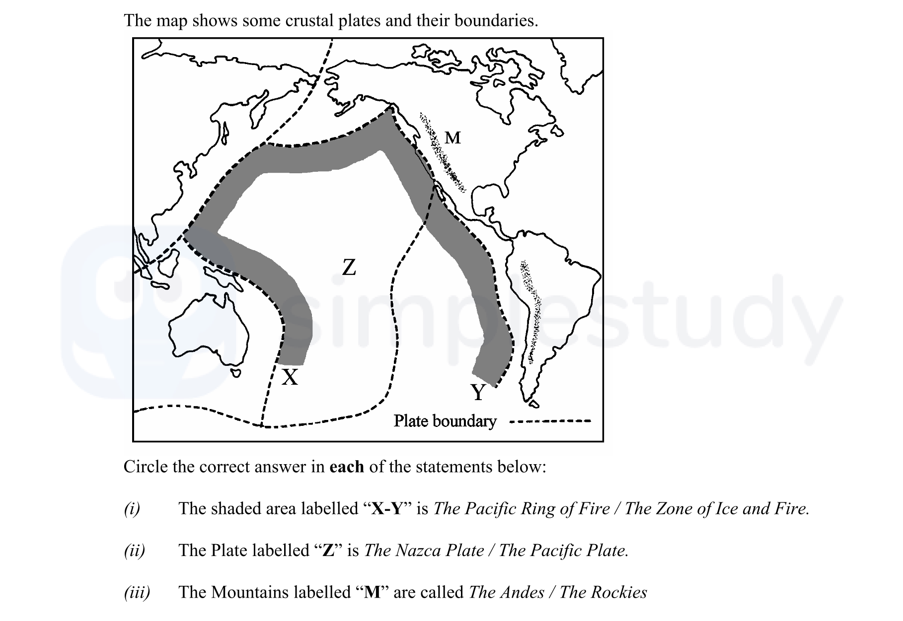 The-map-shows-some-crustal-plates-and-their-boundaries-Junior Cycle Geography-Question 1-2005.png