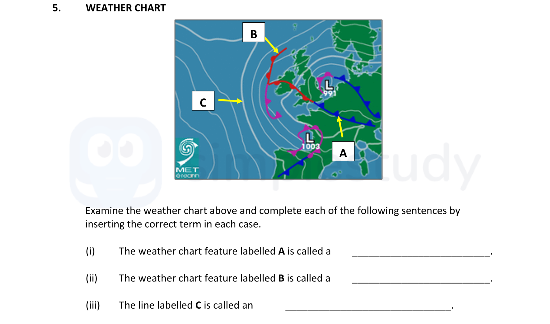 Examine-the-weather-chart-above-and-complete-each-of-the-following-sentences-by-inserting-the-correct-term-in-each-case-Junior Cycle Geography-Question 5-2018.png