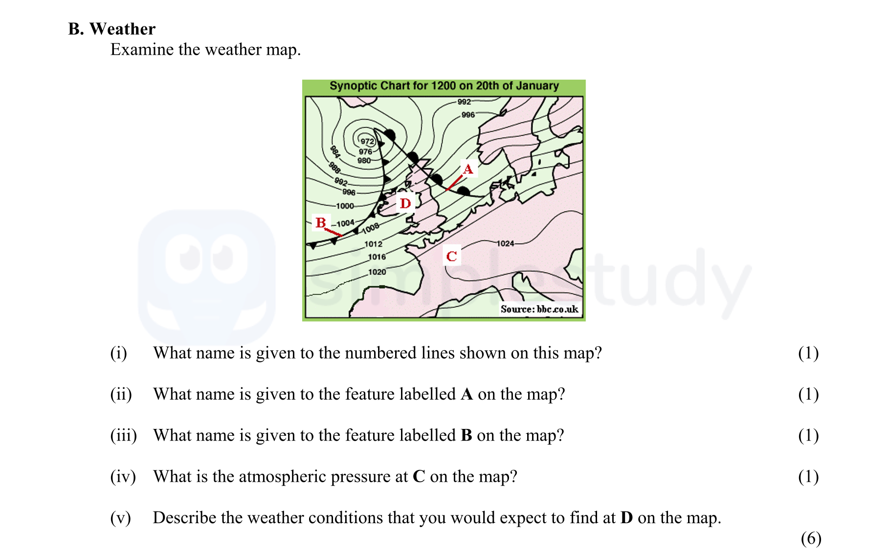 Examine-the-weather-map-Junior Cycle Geography-Question B-2008.png