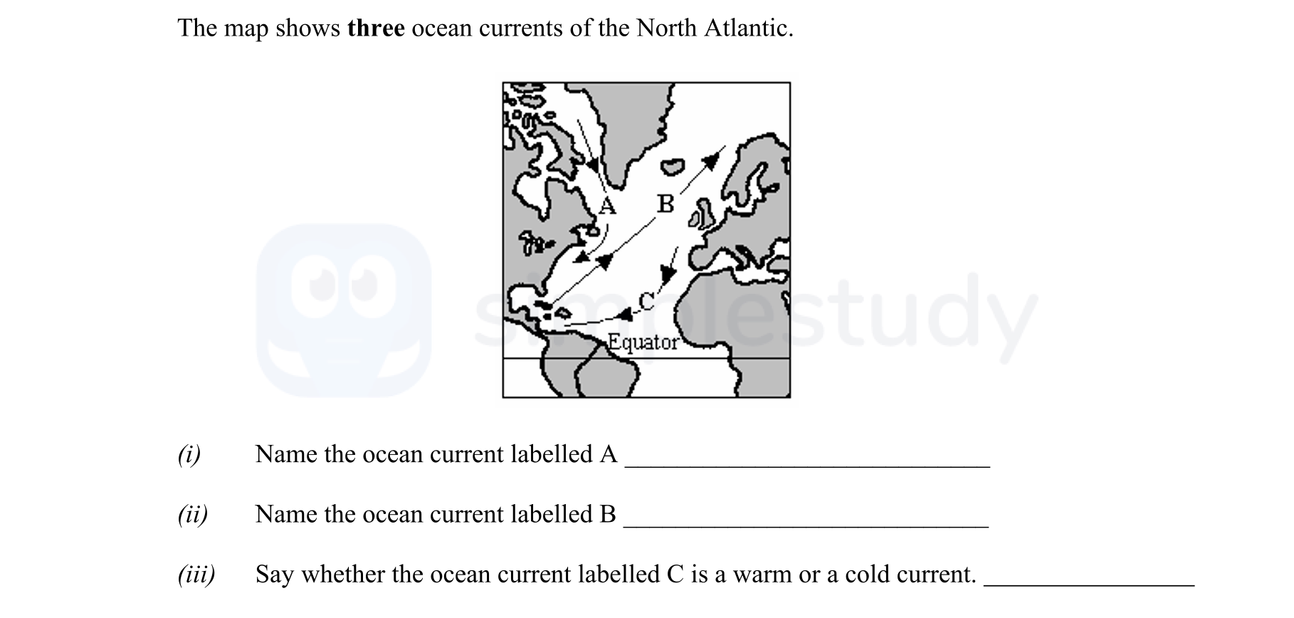 The-map-shows-three-ocean-currents-of-the-North-Atlantic-Junior Cycle Geography-Question 4-2005.png