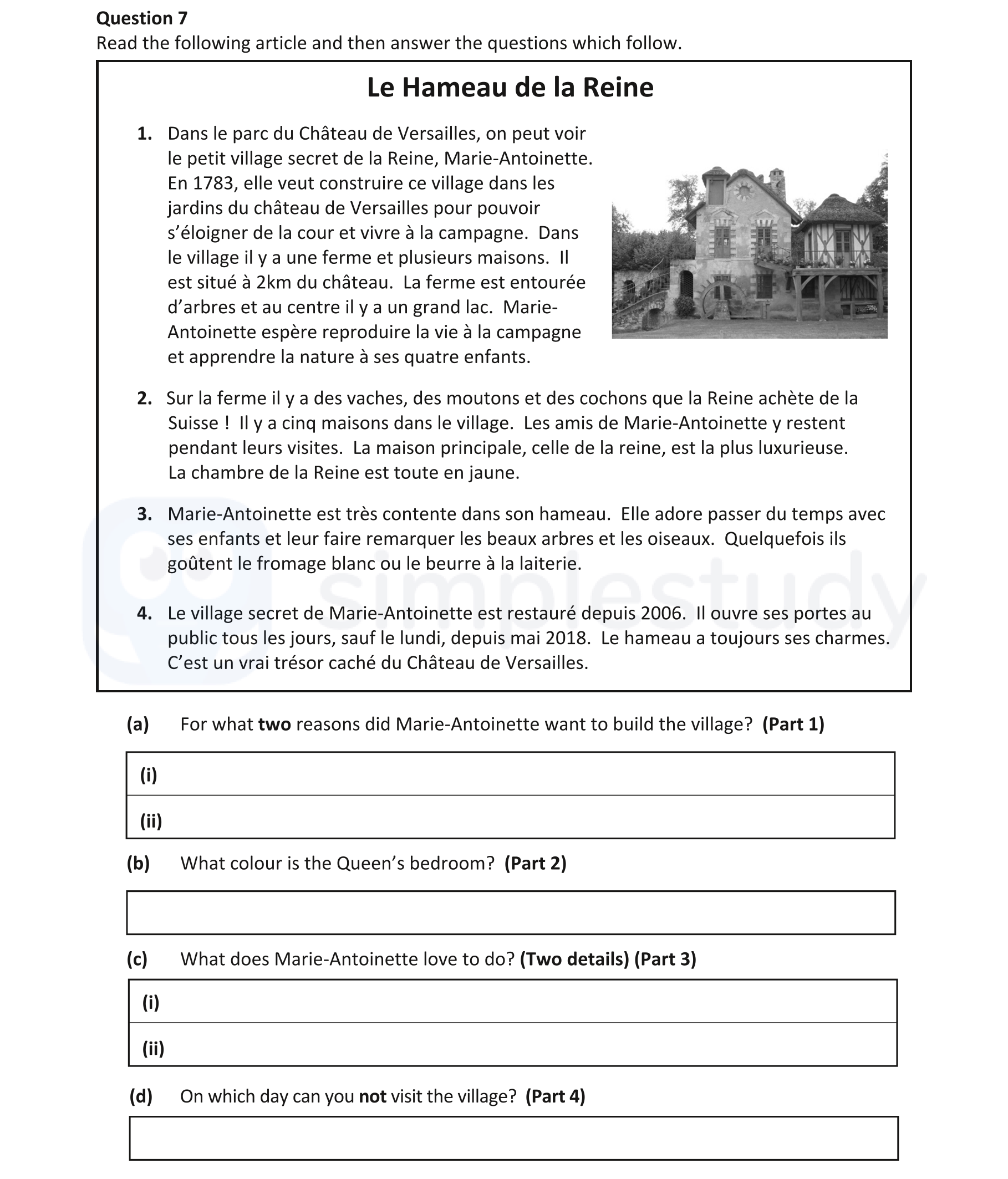 Dans-le-parc-du-Château-de-Versailles,-on-peut-voir-le-petit-village-secret-de-la-Reine,-Marie-Antoinette-Junior Cycle French-Question 7-2019.png