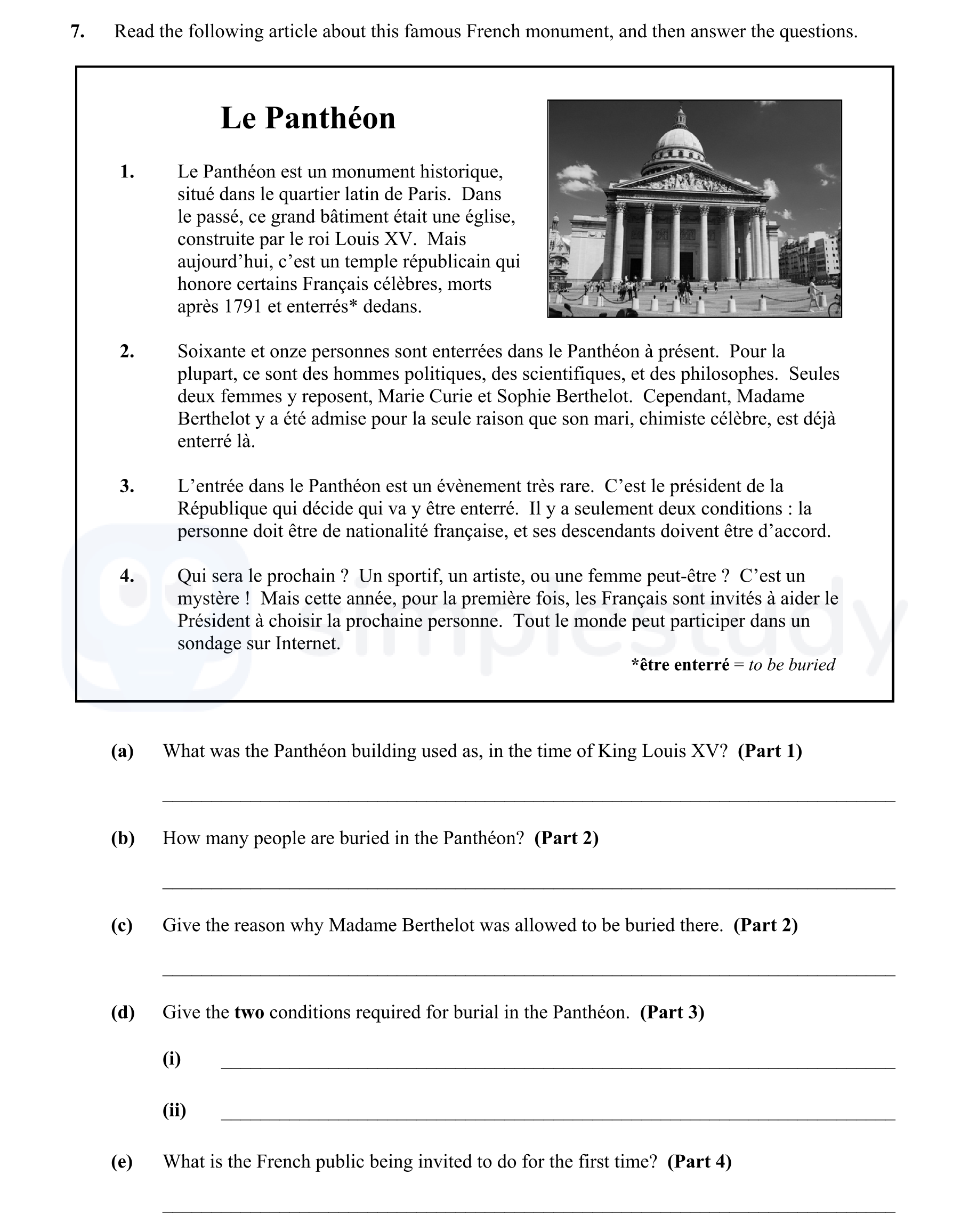 1.-Le-Panthéon-est-un-monument-historique,-situé-dans-le-quartier-latin-de-Paris-Junior Cycle French-Question 7-2014.png