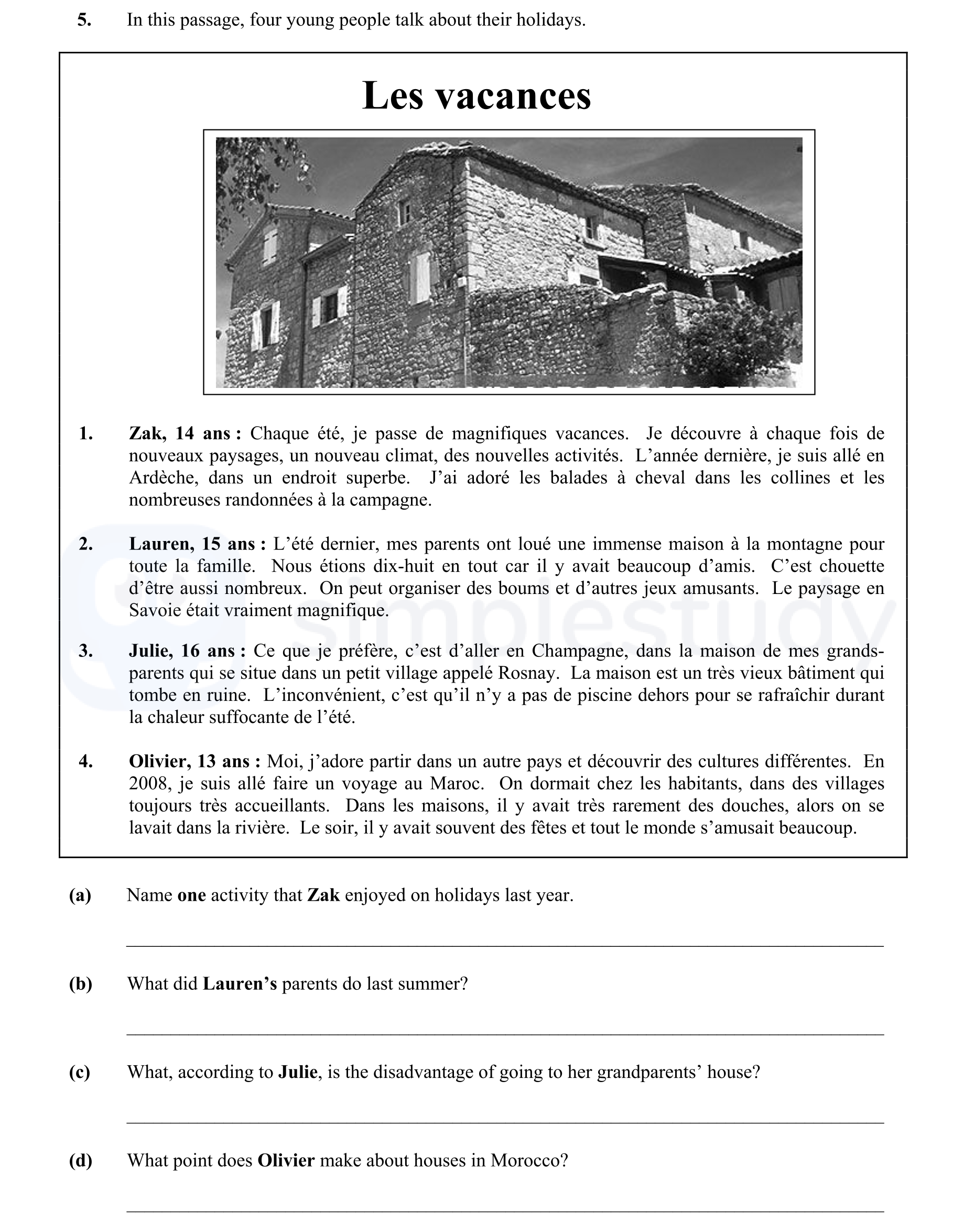 In-this-passage,-four-young-people-talk-about-their-holidays-Junior Cycle French-Question 5-2010.png