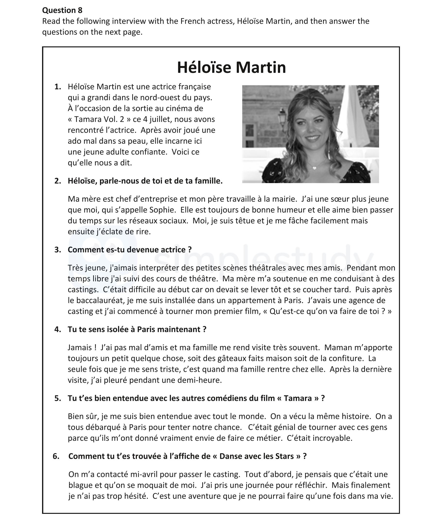 Read-the-following-interview-with-the-French-actress,-Héloïse-Martin,-and-then-answer-the-questions-on-the-next-page-Junior Cycle French-Question 8-2019.png