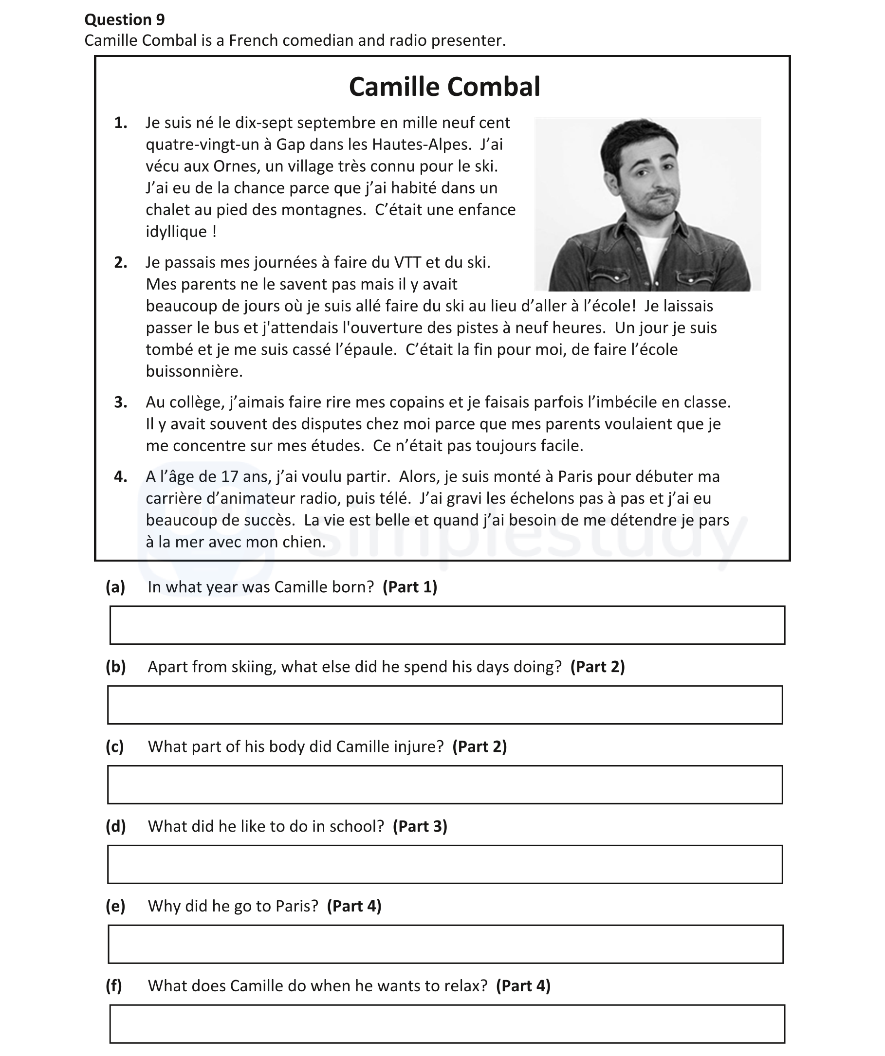 1.-Je-suis-né-le-dix-sept-septembre-en-mille-neuf-cent-quatre-vingt-un-à-Gap-dans-les-Hautes-Alpes-Junior Cycle French-Question 9-2019.png