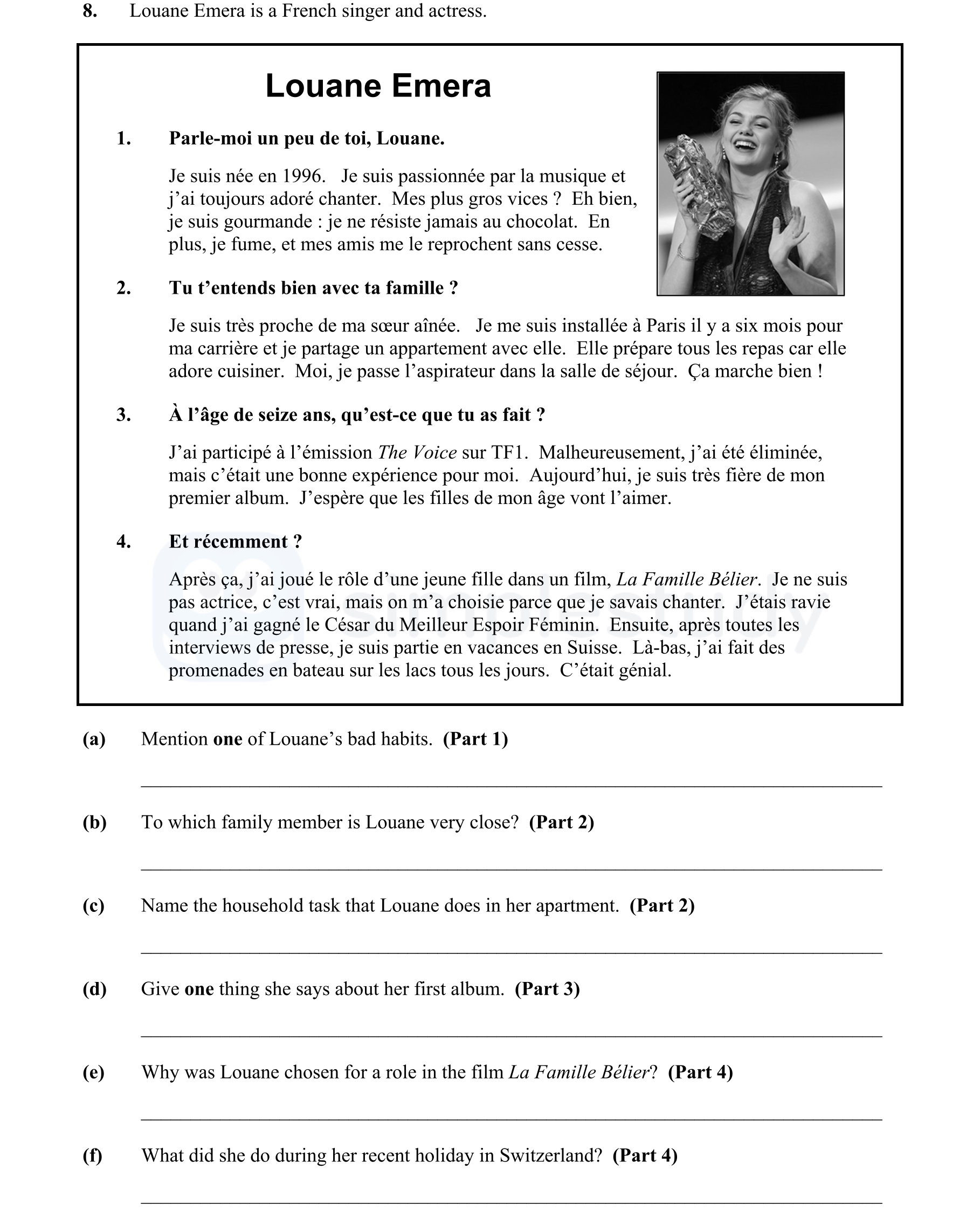 1.-Parle-moi-un-peu-de-toi,-Louane-Junior Cycle French-Question 8-2016.png