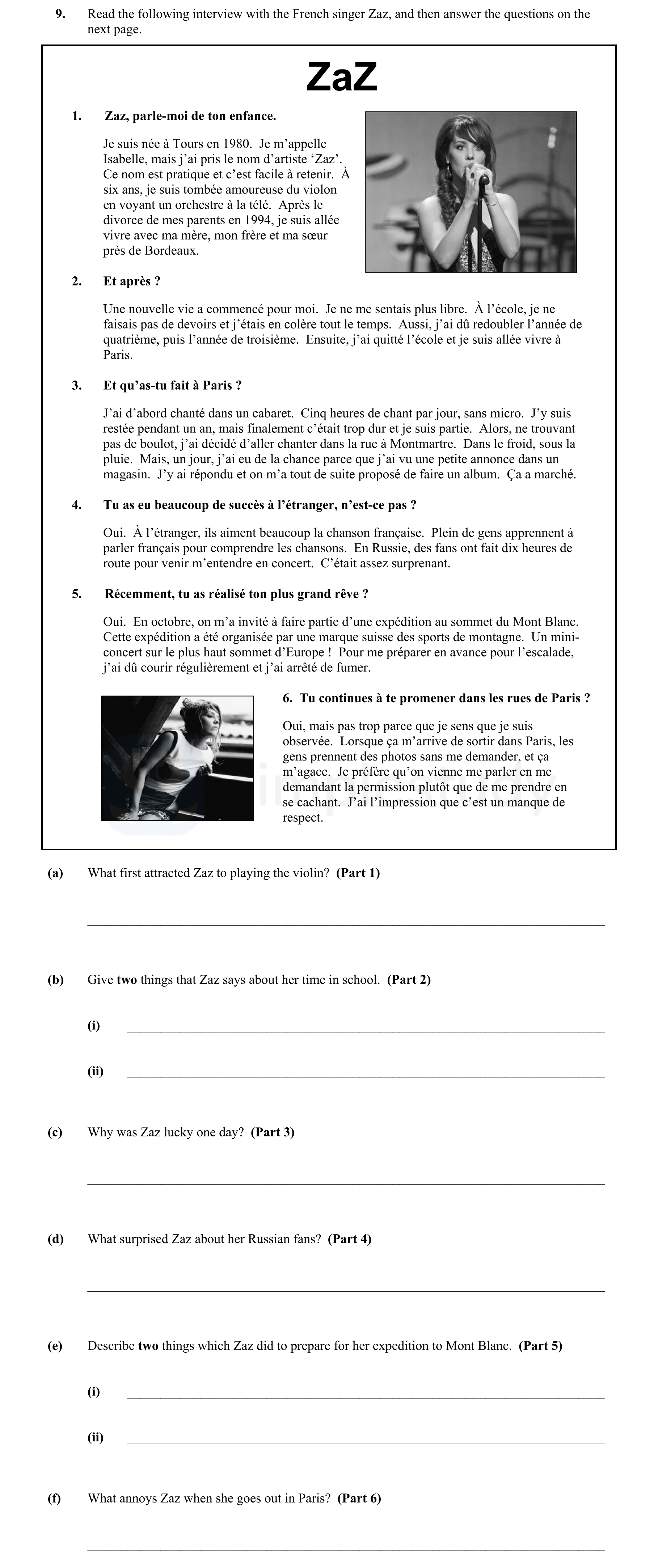 Zaz,-parle-moi-de-ton-enfance-Junior Cycle French-Question 9-2015.png