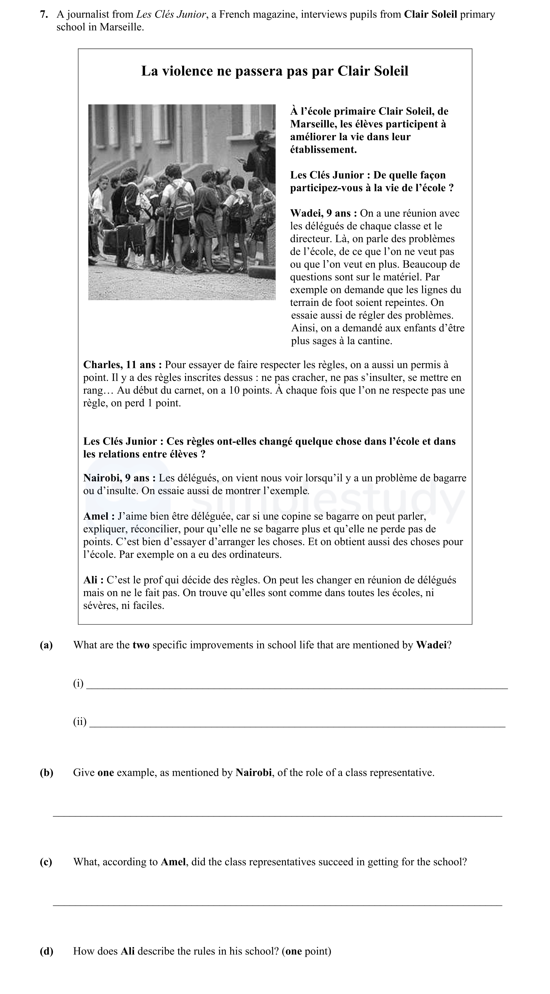 A-journalist-from-Les-Clés-Junior,-a-French-magazine,-interviews-pupils-from-Clair-Soleil-primary-school-in-Marseille-Junior Cycle French-Question 7-2005.png