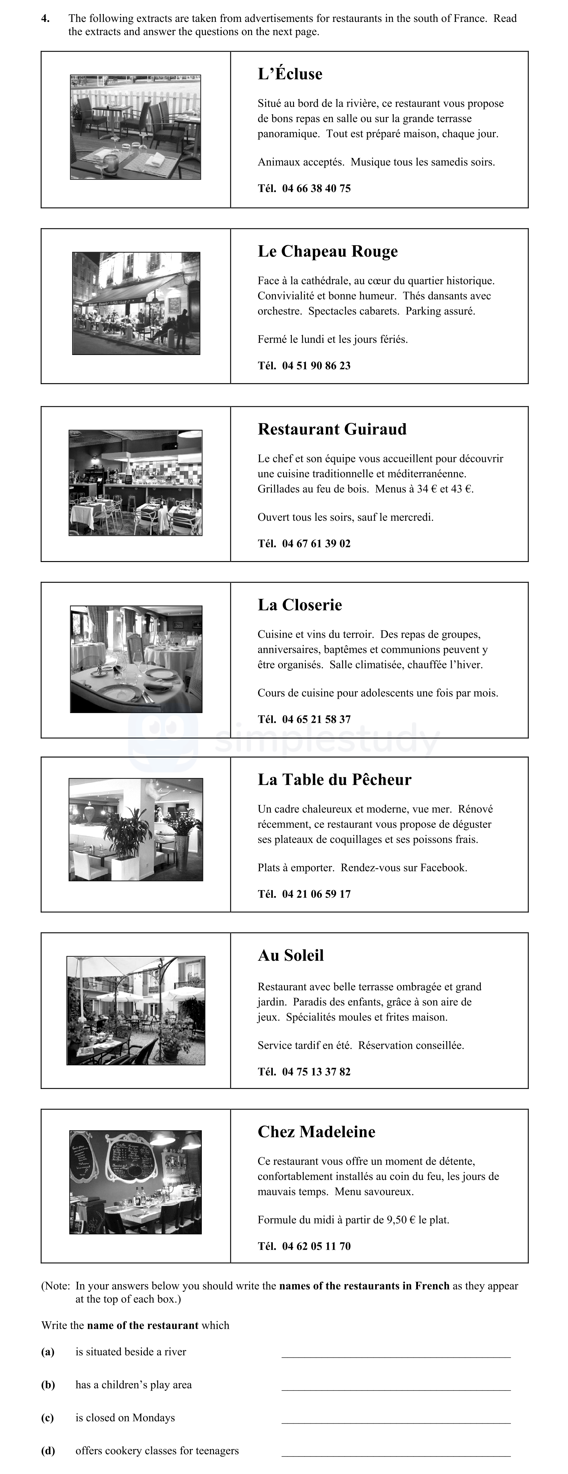 The-following-extracts-are-taken-from-advertisements-for-restaurants-in-the-south-of-France-Junior Cycle French-Question 4-2014.png