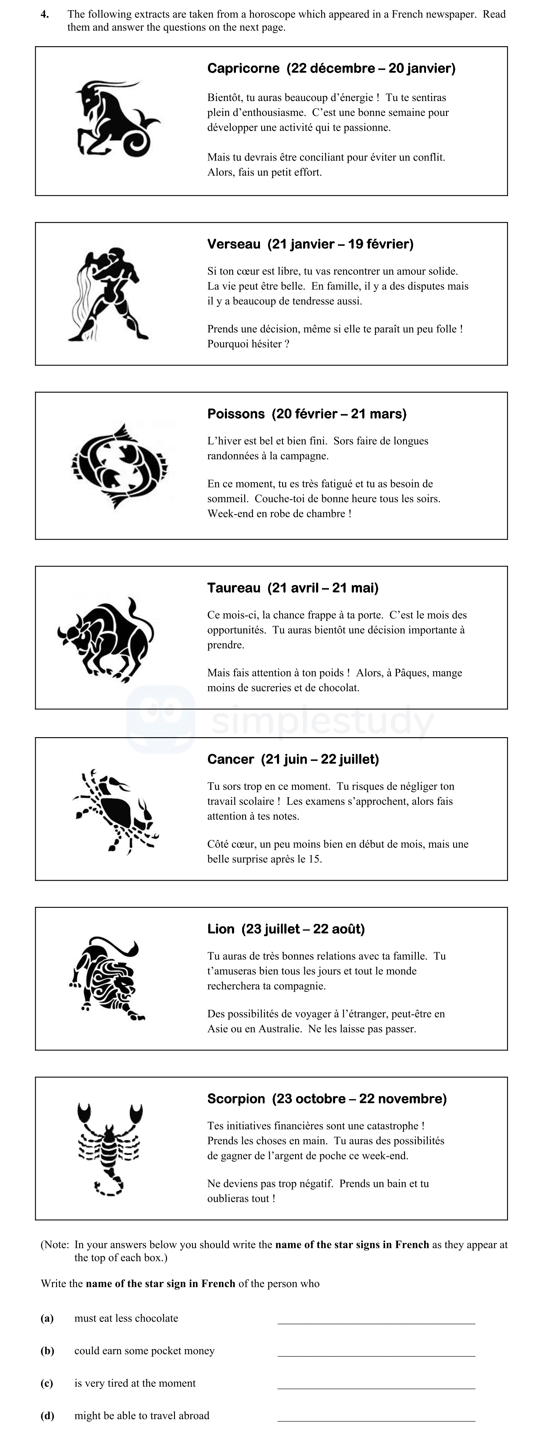 The-following-extracts-are-taken-from-a-horoscope-which-appeared-in-a-French-newspaper-Junior Cycle French-Question 4-2013.png