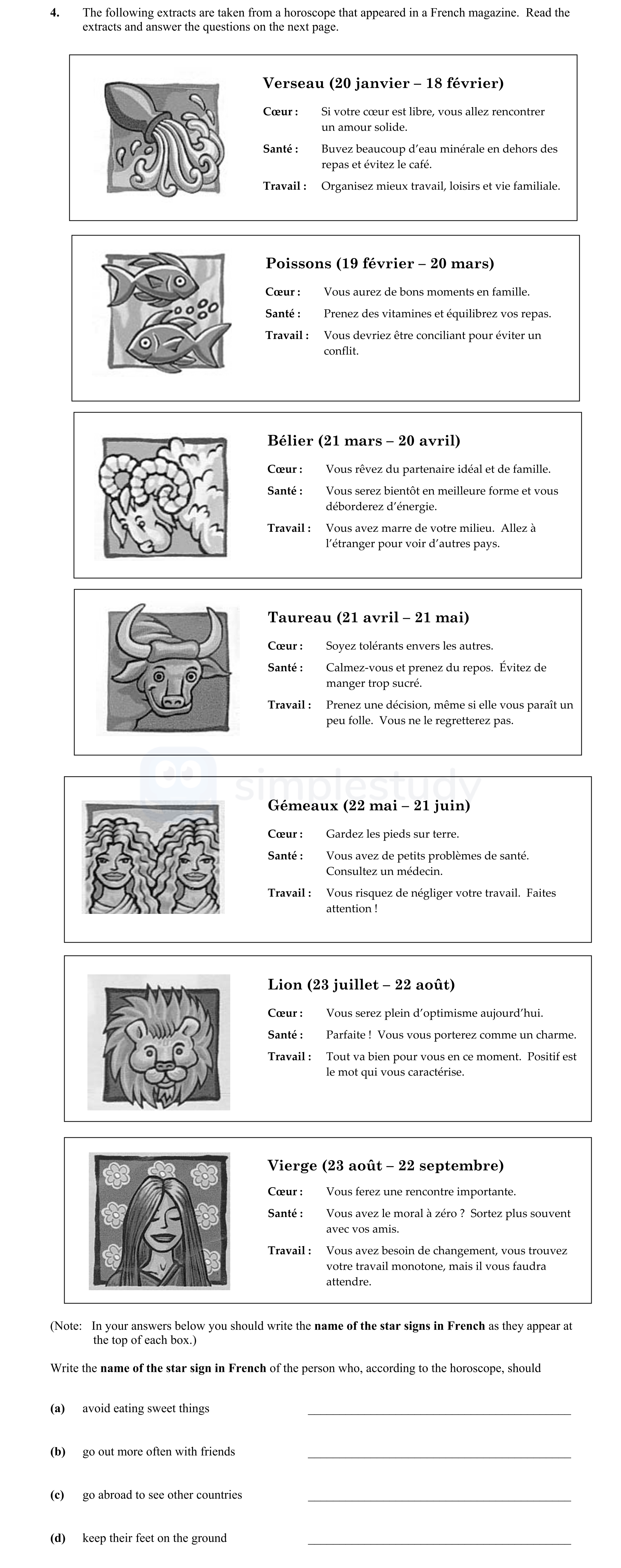 The-following-extracts-are-taken-from-a-horoscope-that-appeared-in-a-French-magazine-Junior Cycle French-Question 4-2008.png